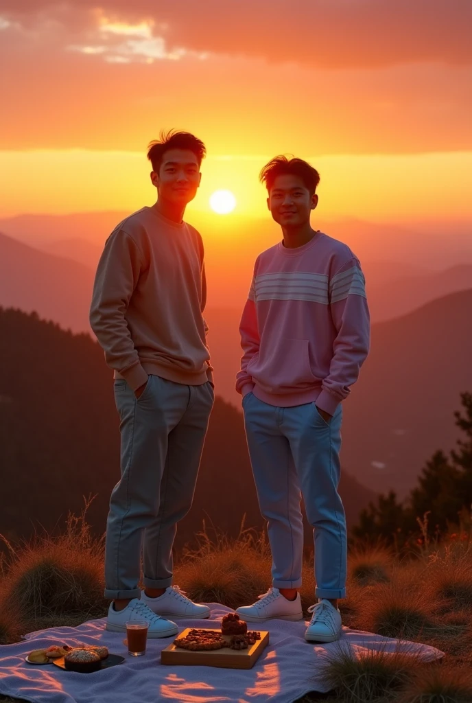 (make the image look further away) a small picnic on a beautiful mountain, with the silhouette of two young men, un chico de 22 años con asian features y el cabello algo corto, and the other guy with 19 years one centimeter shorter than the other, asian features, short hair and somewhat messy, something pale wearing a pink sweatshirt with white stripes and light blue pants next to this with a beautiful sunset