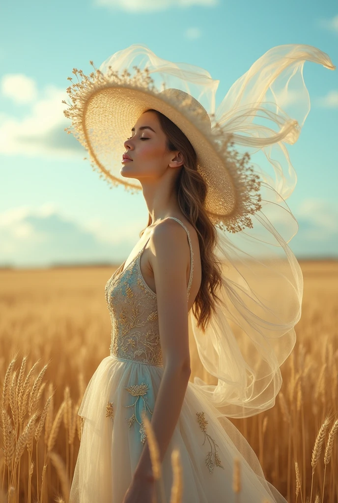 The breath of spring, a blend of green and yellow，A serene woman in an ethereal, translucent gown adorned with delicate golden and teal embroidery, standing in a vast, golden wheat field. The woman has her eyes closed, exuding a calm and peaceful aura. She wears an elegant, wide-brimmed hat made of flowing, sheer fabric that flutters gracefully in the wind, mirroring the patterns of the gown. The sky is a clear blue with wisps of clouds, and the warm sunlight casts a gentle glow over the entire scene, creating a dreamy, almost surreal atmosphere.