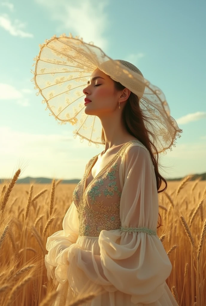 The breath of spring, a blend of green and yellow，A serene woman in an ethereal, translucent gown adorned with delicate golden and teal embroidery, standing in a vast, golden wheat field. The woman has her eyes closed, exuding a calm and peaceful aura. She wears an elegant, wide-brimmed hat made of flowing, sheer fabric that flutters gracefully in the wind, mirroring the patterns of the gown. The sky is a clear blue with wisps of clouds, and the warm sunlight casts a gentle glow over the entire scene, creating a dreamy, almost surreal atmosphere.