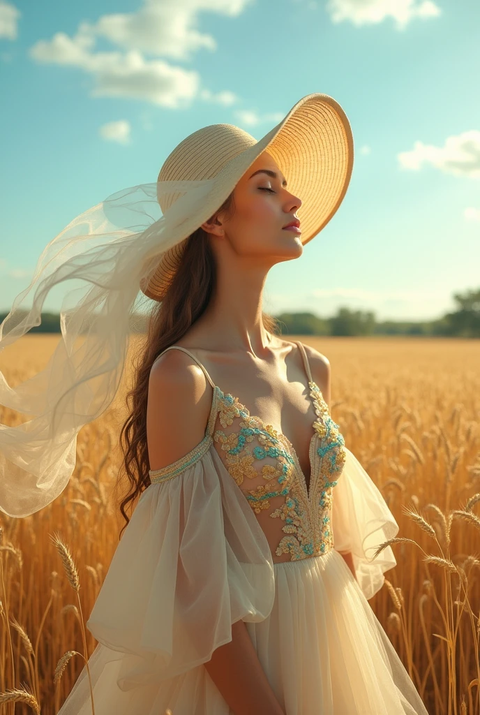 The breath of spring, a blend of green and yellow,A serene woman in an ethereal, translucent gown adorned with delicate golden and teal embroidery, standing in a vast, golden wheat field. The woman has her eyes closed, exuding a calm and peaceful aura. She wears an elegant, wide-brimmed hat made of flowing, sheer fabric that flutters gracefully in the wind, mirroring the patterns of the gown. The sky is a clear blue with wisps of clouds, and the warm sunlight casts a gentle glow over the entire scene, creating a dreamy, almost surreal atmosphere.