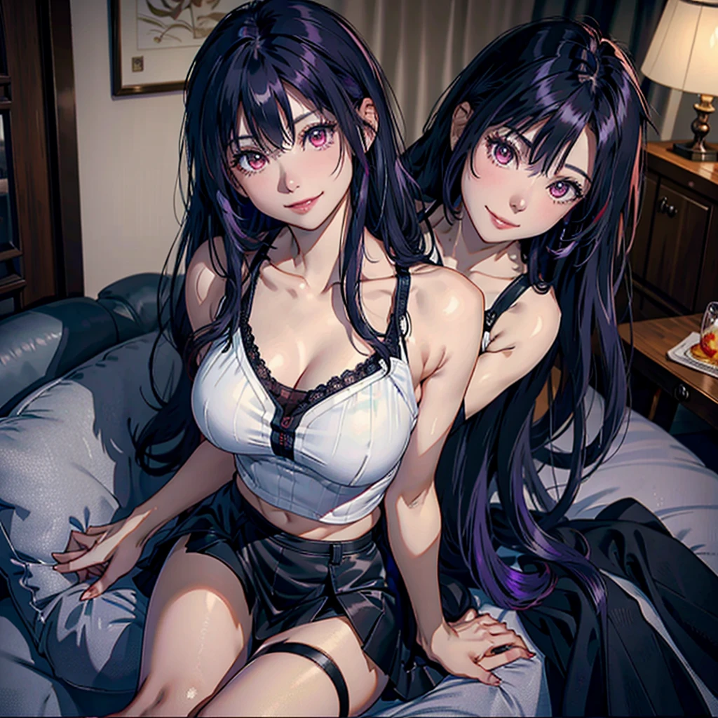 22 year old woman, long black hair with purple streaks and bangs, 2 collections, crimson red eyes, long purple nails, flirtatious smile, bright smile, mischievous smile, chest a little big, Full body shot, black overall skirt with white blouse and lace at the neckline, sitting on an armchair in a room, smiling face, HD, 4k, The best quality, full HD.