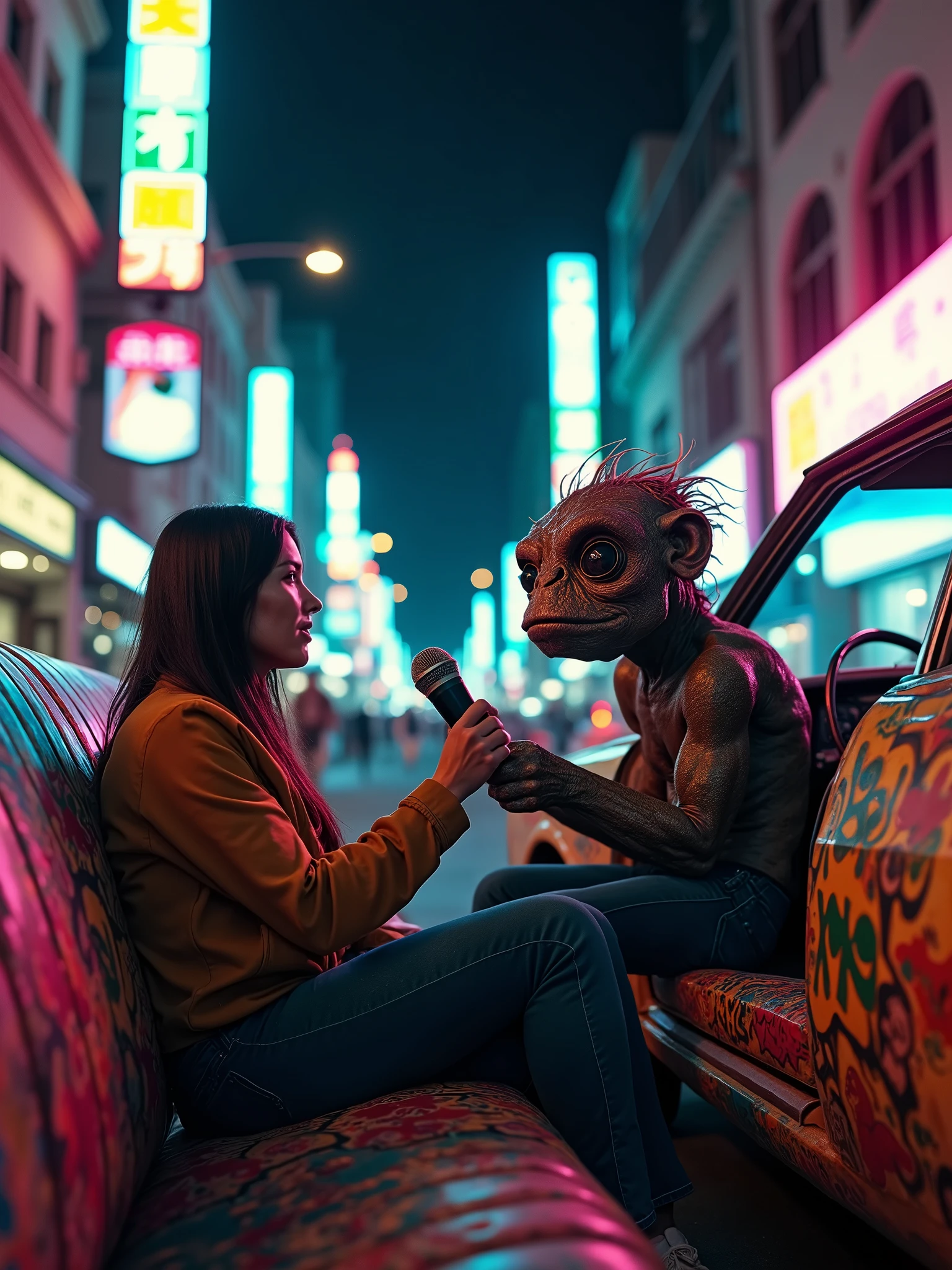 A cinematic scene featuring a bizarre and intimidating monster with three eyes, seated inside a vintage 1970's car. The car is adorned with flashy neon lights and covered in graffiti. The monster communicates with a journalist holding a large microphone, its eyes fixated on the reporter. The background reveals a bustling city at night, illuminated by the neon lights of various businesses. The overall mood of the image is a mix of eerie and fascinating., cinematic