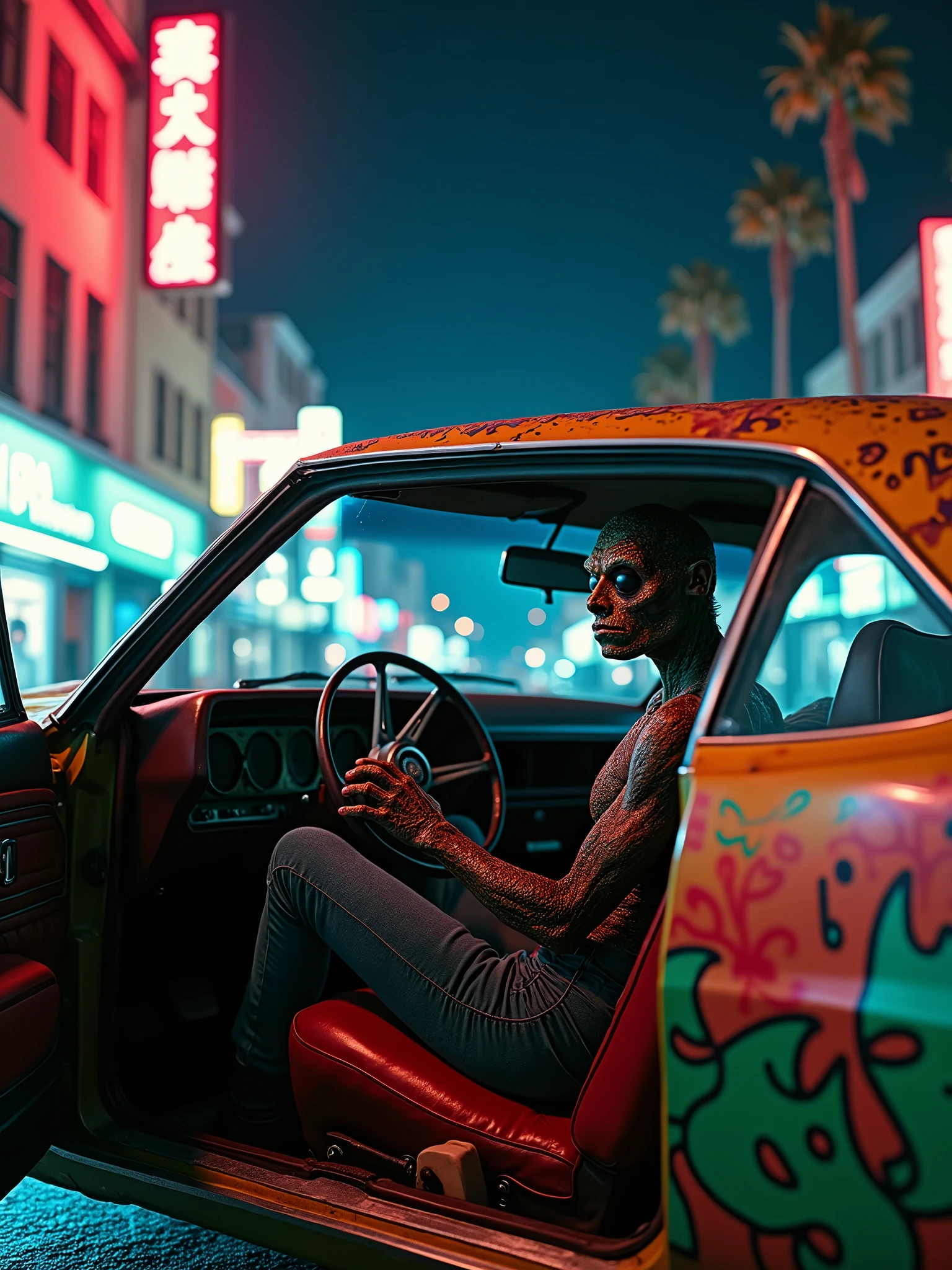 A cinematic scene featuring a bizarre and intimidating monster with three eyes, seated inside a vintage 1970's car. The car is adorned with flashy neon lights and covered in graffiti. The monster communicates with a journalist holding a large microphone, its eyes fixated on the reporter. The background reveals a bustling city at night, illuminated by the neon lights of various businesses. The overall mood of the image is a mix of eerie and fascinating., cinematic