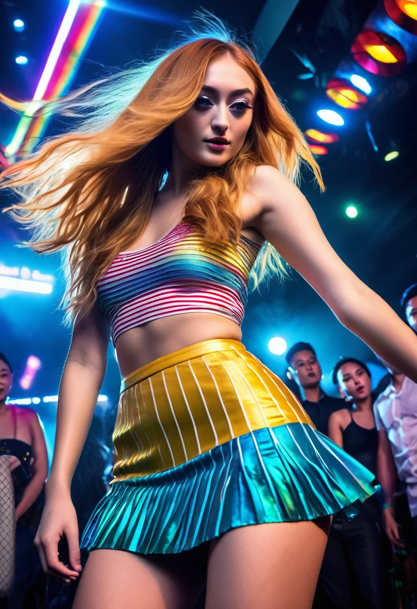 Sophie Turner (age 25, hair has a brightly colored stripe, mismatched color contact lenses, tight clubbing outfit with mini skirt panties exposed), viewed from a low angle behind, Bangkok dance club. Focus on butt
