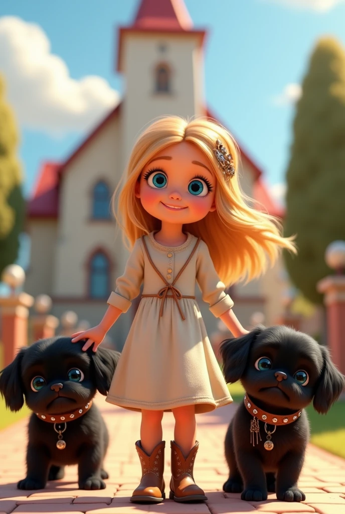 A cute blonde girl, 15 years old, with bright blue eyes, wearing a dress and cowboy boots, holding a bible, 2 adorable black shih tzu puppies with big blue eyes wearing leather and silver collars, walking to church, 3D Pixar style, hyper-detailed, 8k, photorealistic, volumetric lighting, cinematic composition, highly detailed, intricate details, masterpiece, extremely realistic, beautiful colors, soft lighting