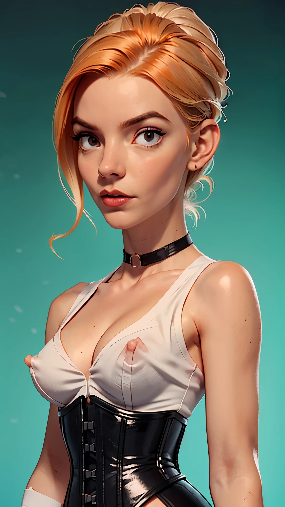 one girl, solo, abs, slender body, (upper body, bust:1.2), (black eyes:1.3), blonde hair, (bare shoulders:1.2), masterpiece, highly detailed, look at viewer, front view, (small breasts, tiny breasts, male chest, exposed breasts, deep cleavage:1.5), (transparent clothes, corset, choker:1.3), (studio lights, blured background, glowing edges of image, shiny blured orange background, gradient sprayed background, colorful background:1.3), expressing joy, belt, (nipples:1.1)