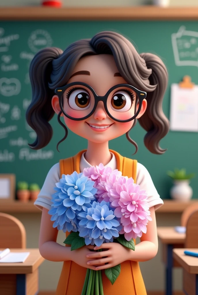 young techer with glasses  hold many hydenyia flower  cartoon 3d chibi art style  