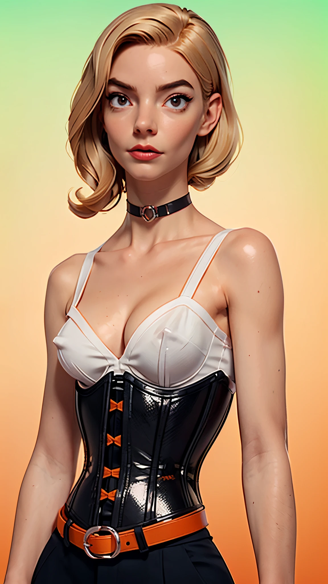 one girl, solo, abs, slender body, (upper body, bust:1.2), (black eyes:1.3), blonde hair, (bare shoulders:1.2), masterpiece, highly detailed, look at viewer, front view, (small breasts, tiny breasts, male chest, exposed breasts, deep cleavage:1.5), (transparent clothes, corset, choker:1.3), (blured background, glowing edges of image, shiny blured orange background, gradient sprayed background, colorful background:1.3), expressing joy, belt, (nipples:0.9)