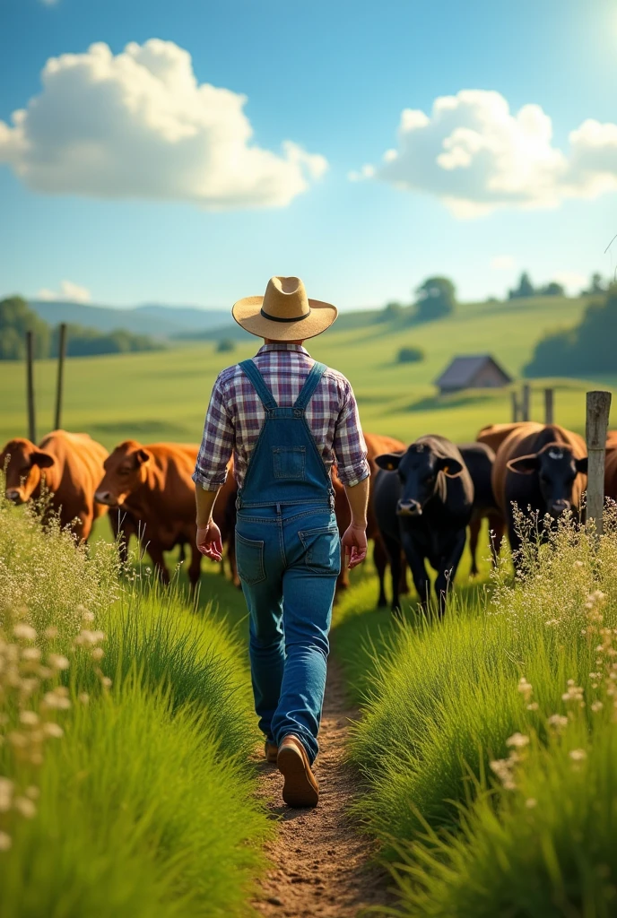 An image of the farmer on the farm, the green grass, him herding the cows.