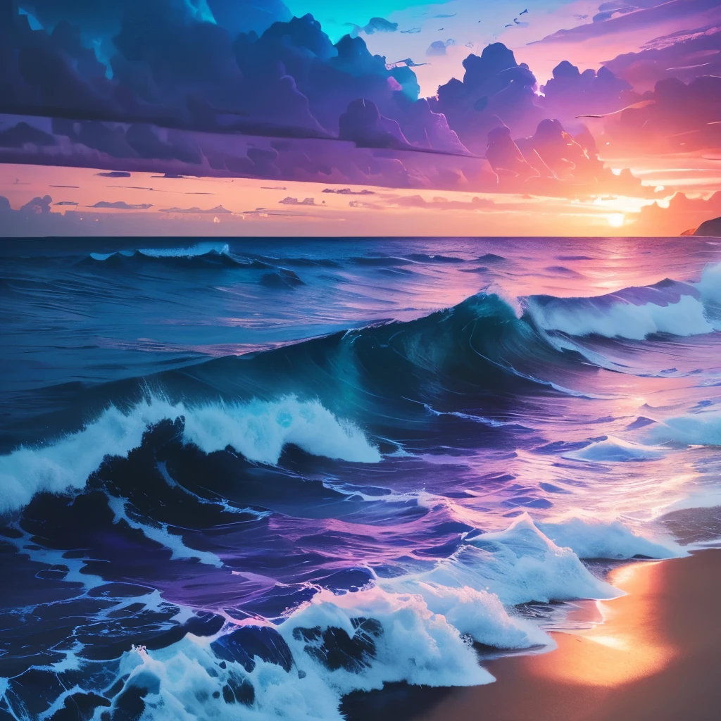 a purple and blue sunset over the ocean with waves, beautiful vibrant colors, beautiful colors, stunning colors, gorgeous colors, magical colours and atmosphere, breathtaking colors, amazing colors, magical colors and atmosphere, beautiful colours, vividly beautiful colors, amazing colours, moody beautiful colors, beautiful colorful, dreamy colors, very vibrant colors, colorful glow, vibrant moody colors