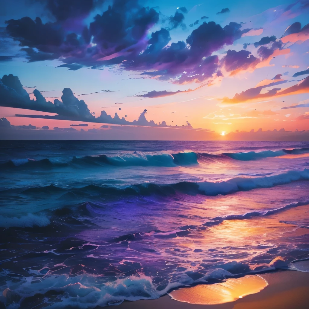 a purple and blue sunset over the ocean with waves, beautiful vibrant colors, beautiful colors, stunning colors, gorgeous colors, magical colours and atmosphere, breathtaking colors, amazing colors, magical colors and atmosphere, beautiful colours, vividly beautiful colors, amazing colours, moody beautiful colors, beautiful colorful, dreamy colors, very vibrant colors, colorful glow, vibrant moody colors