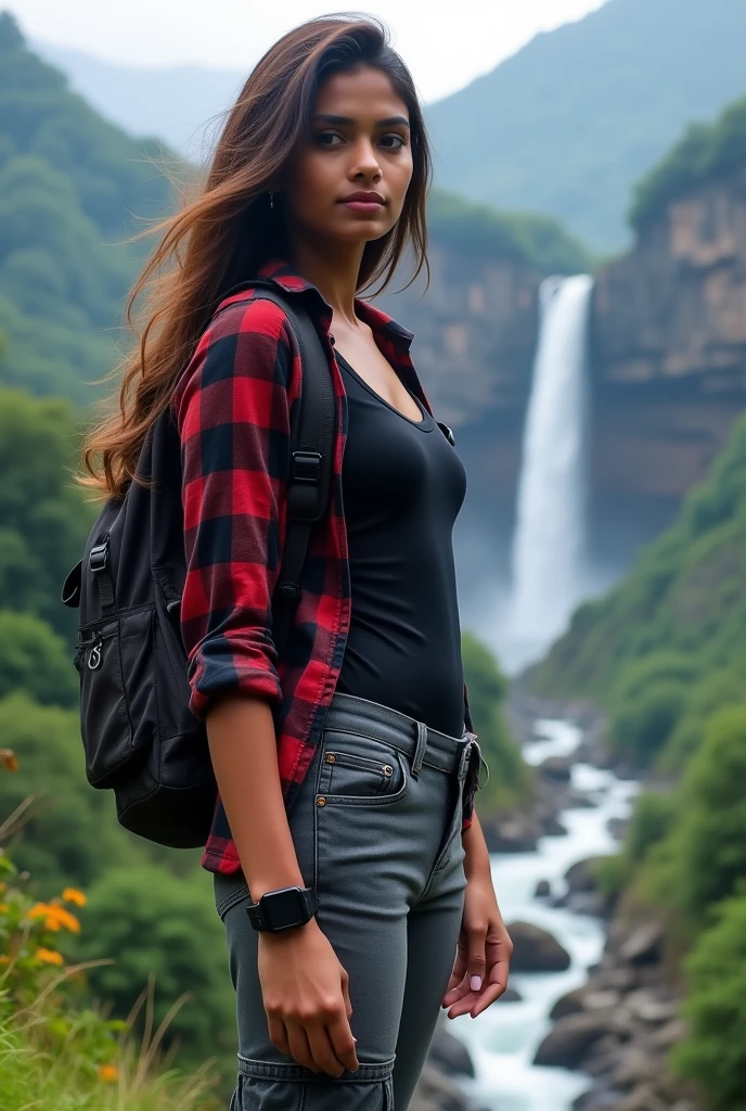 Generate an image of a side view of an Indian girl in a black innerwear and shirt with check strips of red,black and grey on it with a cargo jeans at the bottom. Her hair should be open and brownish in colour with a black smart watch in her left hand and a tourist bag on her back on the top of a mountain with a waterfall in the front with greenery around 