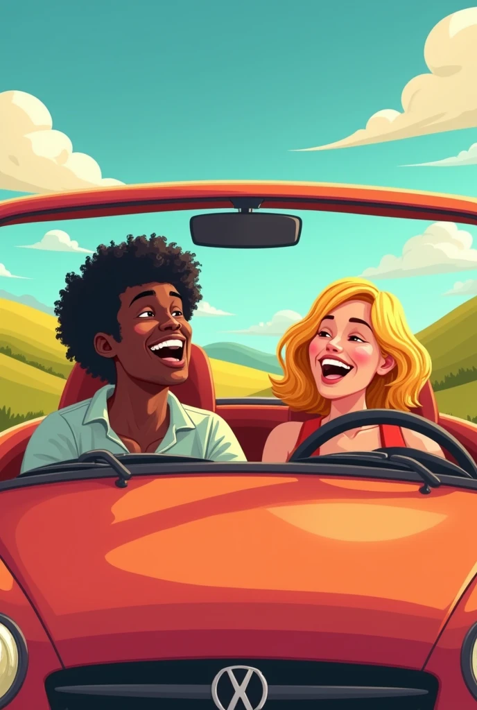 Make a 2d style drawing without volumes, all in a flat cartoon style drawing about a couple, a man with black curly hair and dark skin and a woman with short, shoulder-length, straight blonde hair and white skin., They are inside the car, The boy is driving while singing with the girl