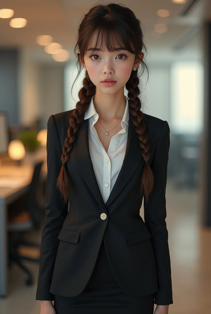 masterpiece, best quality, 1 girl, solo, ager, large breasts, light brown eyes, bangs, brond hair, braids hair, office staff suit, jacket, pencil skirt, upper body, standing, office