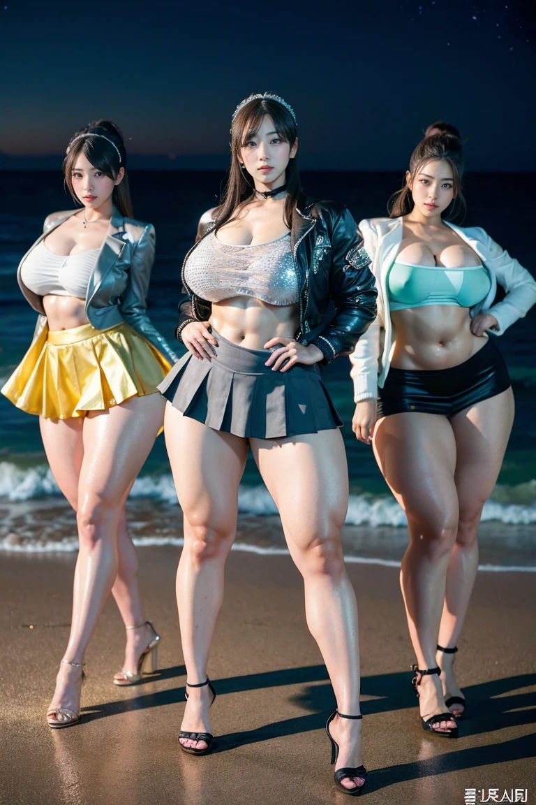 Ultra-high resolution, Realistic, Very detailed, Golden Ratio, Highest quality, Four people are standing full-body shot, (promotional photoshoot), (Are standing), Four people stand on the night beach in high heels, (Four Beautiful female with Exemplary Figures), Beautiful Face, (Realisticな face), (biondeのショートカット:1.3), Korean bionde, bionde, long straight ponytail light brown hair, black hairpin, hair band, Glare, Frowning, Drooling, Long Tongue, Verbal invitation, compensate, Frowning, Frowning, Surrealism, First Person View, First Person View, Wide-angle, Ultra-high resolution, Anatomically correct, Super detailed, 16K, (Four beautiful female standing side by side) (wide thighs), (Very long legs),(body builder girl), (wide muscles), ((sexyominal muscles)), (huge breasts),(very voluptuous body),((short grey skirt)),(strapless jacket),(sexy dan pose),(beautiful sparkle sea background with moonlight effect)