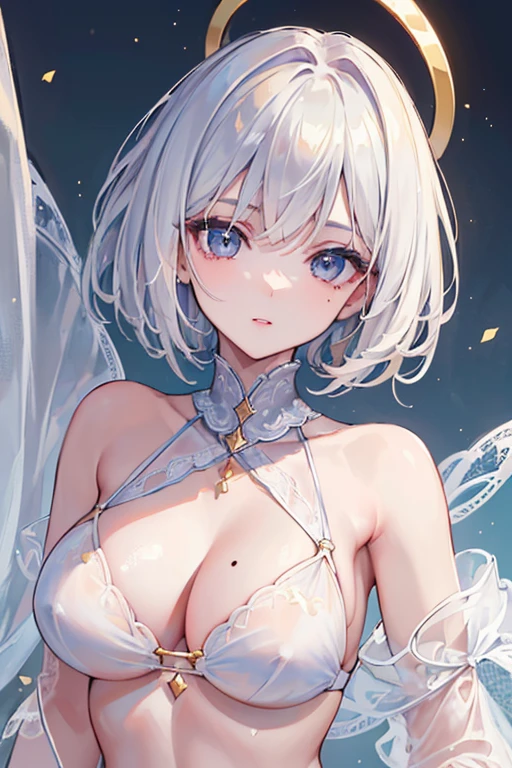 ((Highest quality, 16K, masterpiece: 1.3)), (beauty, big: 1.2, Slim Abs: 1.2), (Ultra detailed face, Highly detailed lips, Detailed eyes, double eyelid), (White see-through bikini), 1 female, Short bob woman, One mole on the right breast