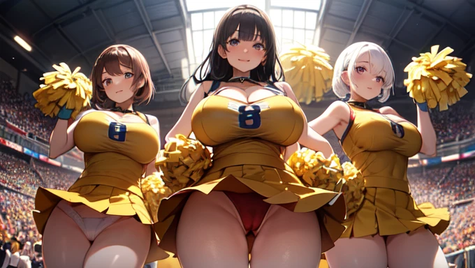 (8k, RAW photo, best quality, masterpiece:1.2),((3girls group, gigantic breasts,)) smile, cheerleader costume, cleavage,((camel toe,upskirt,)) looking at viewer, cheerleading for me, cowboy shot,