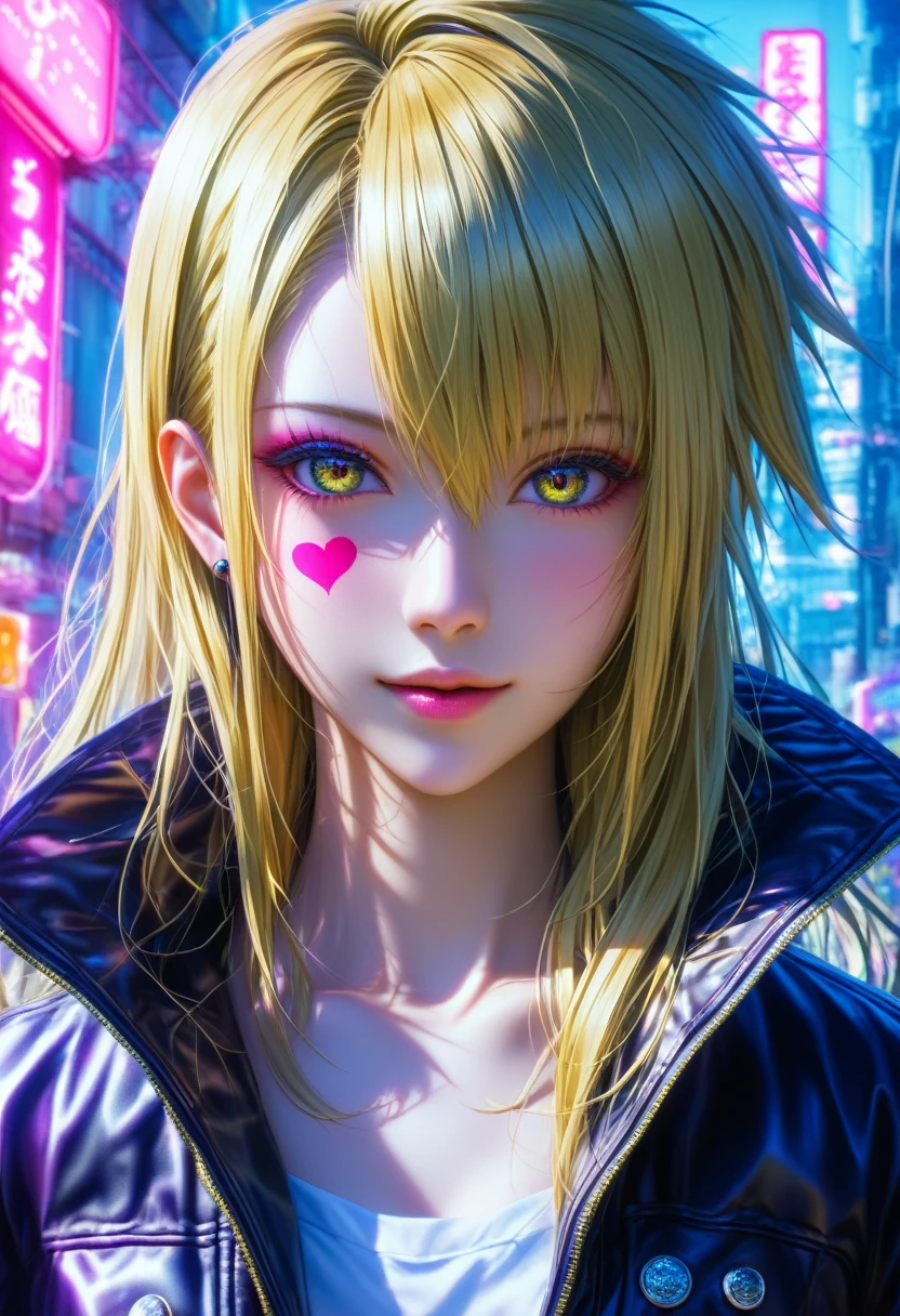 score_9, score_8_superior, score_7_superior,金髪の女性がcyber punkの街に立っている,Looking into the camera(((Highest quality))),(((超detailed))),(((masterpiece))),shape,極限までdetailedに,超High resolution,最大detailed表示,Hyper Detail,Clear detailed,Great quality,Super detailed,High resolution,16K,detailed,Most authentic,Shiny solid color,(((cyber punk))),Outdoor,Neon night view,Shinjuku,(Surreal),((masterpiece, Highest quality, Extremely detailed CG, unity 8k wallpaper, Cinema Lighting, )),Attention to detail, Blonde long hair, Wearing a black leather jacket,Wearing black jeans,A heart tattoo under the left eye., Seducing the viewer with captivating eyes, Beautiful Art Ultra HD 8K, 8Kの非常にdetailedなデジタルアート,cyber punk,{{{Neon night view}}},A very complicated background,Shinjuku,headphone,Cyber Gadget
