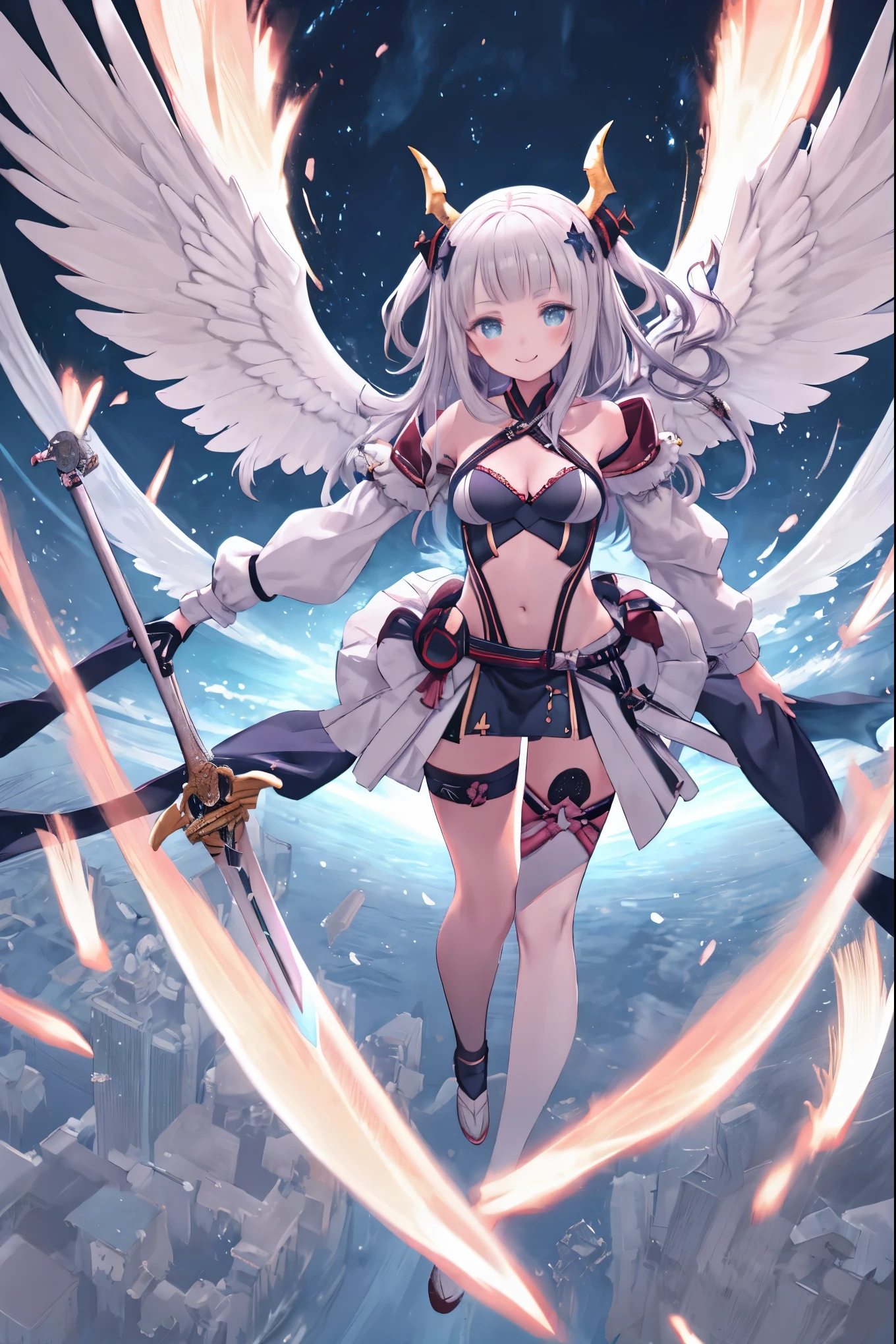 fantasy, 1devil_girl, low_, platina_blond_hair,long_bangs,, bare_shoulder, navel out, thighhighs,silver_armor, white_clothes,waist_armor, Glebe, hold_swords, medium_breasts, dynamic_flying_pose,Floating, (1pair_wings:1.2),(pelvic_curtain:1.3), silver_Headgear ,looking_down_at_sunrise_city_sky_background,,slightly_spread_legs, some_swords,some_swords_floating_around_the_girl,solo,horn ,smile,,open_legs,open_arms,rise_knee,rise_leg,rise_thigh,rise_leg,forward_leaning_posture,apart_legs,