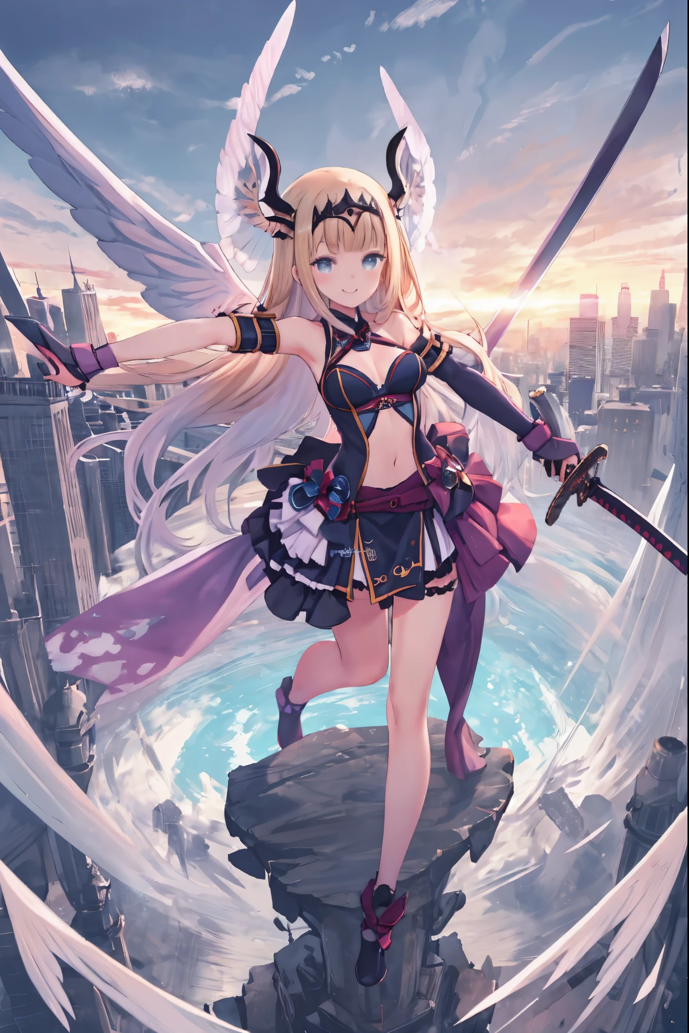fantasy, 1devil_girl, low_, platina_blond_hair,long_bangs,, bare_shoulder, navel out, thighhighs,silver_armor, white_clothes,waist_armor, Glebe, hold_swords, medium_breasts, dynamic_flying_pose,Floating, (1pair_wings:1.2),(pelvic_curtain:1.3), silver_Headgear ,looking_down_at_sunrise_city_sky_background,,slightly_spread_legs, some_swords,some_swords_floating_around_the_girl,solo,horn ,smile,,open_legs,open_arms,rise_knee,rise_leg,rise_thigh,rise_leg,forward_leaning_posture,apart_legs,