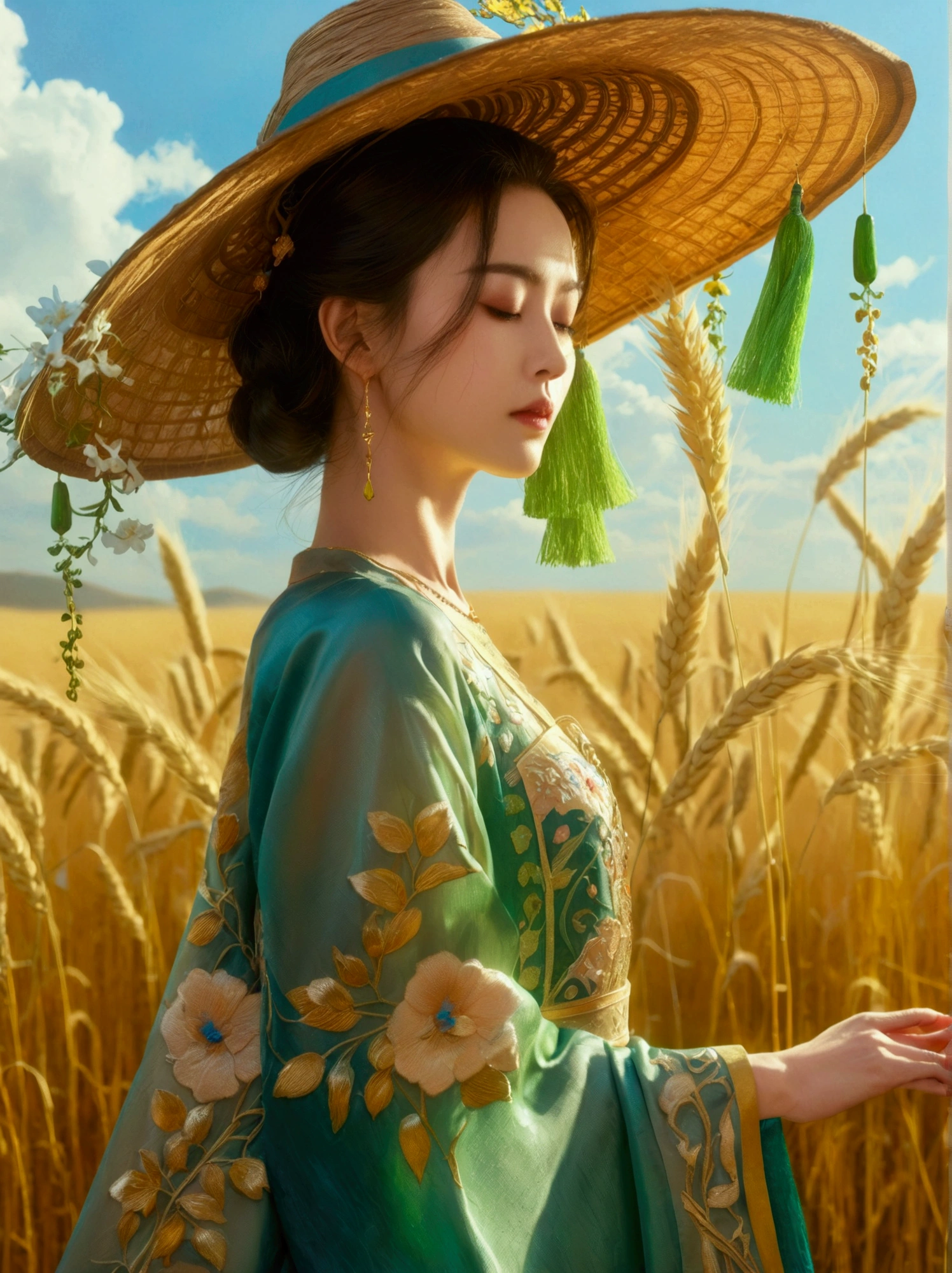 The breath of spring, a blend of green and yellow，A serene woman in an ethereal, translucent gown adorned with delicate golden and teal embroidery, standing in a vast, golden wheat field. The woman has her eyes closed, exuding a calm and peaceful aura. She wears an elegant, wide-brimmed hat made of flowing, sheer fabric that flutters gracefully in the wind, mirroring the patterns of the gown. The sky is a clear blue with wisps of clouds, and the warm sunlight casts a gentle glow over the entire scene, creating a dreamy, almost surreal atmosphere, (8k，Bright colors，Bright，Ultra high saturation，rgb, Colorful)，(High contrast:1.5)，(whole body:1.8), magazine photography，Popular on social platforms，((Dopamineism))，(((Dopamine color matching)))，Dopamine，(in the style of Y2K)，Luo Erchun，Three-dimensional ancient style，Oriental poetry and painting