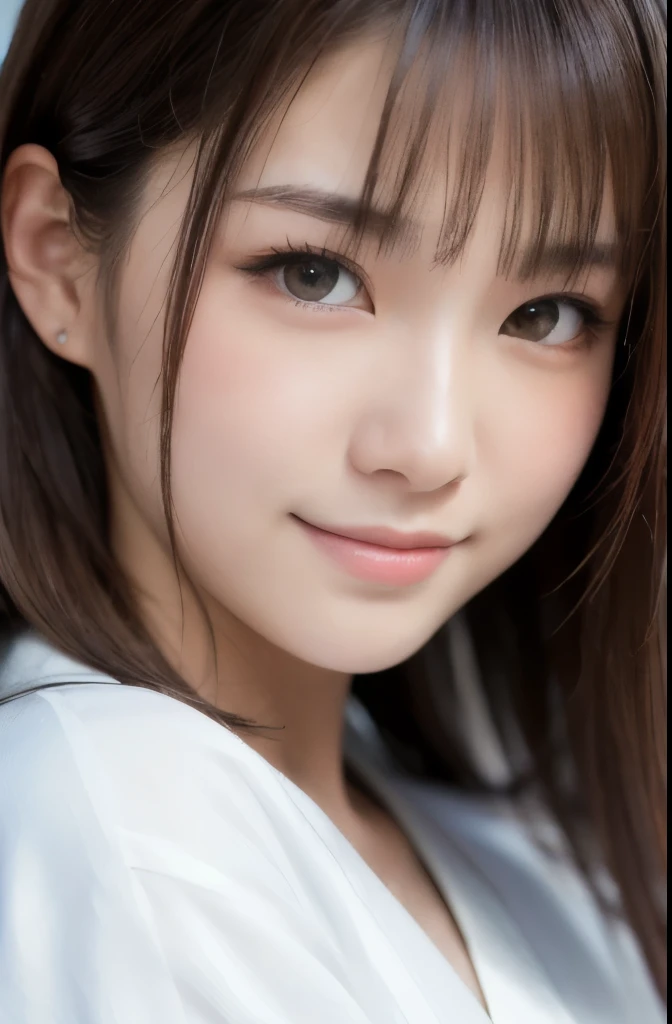 best quality, face focus, soft light, ultra high res, (photorealistic:1.4), RAW photo,(Shinozaki Ai), white skin, kawaii, 1 Japanese girl, solo, cute, (smile), (pupil, lights in the eyes), detailed beautiful face, Medium-sized breasts,(high resolution detail of human skin texture),(long hair),(portrait), upper body, white traditional kimono
