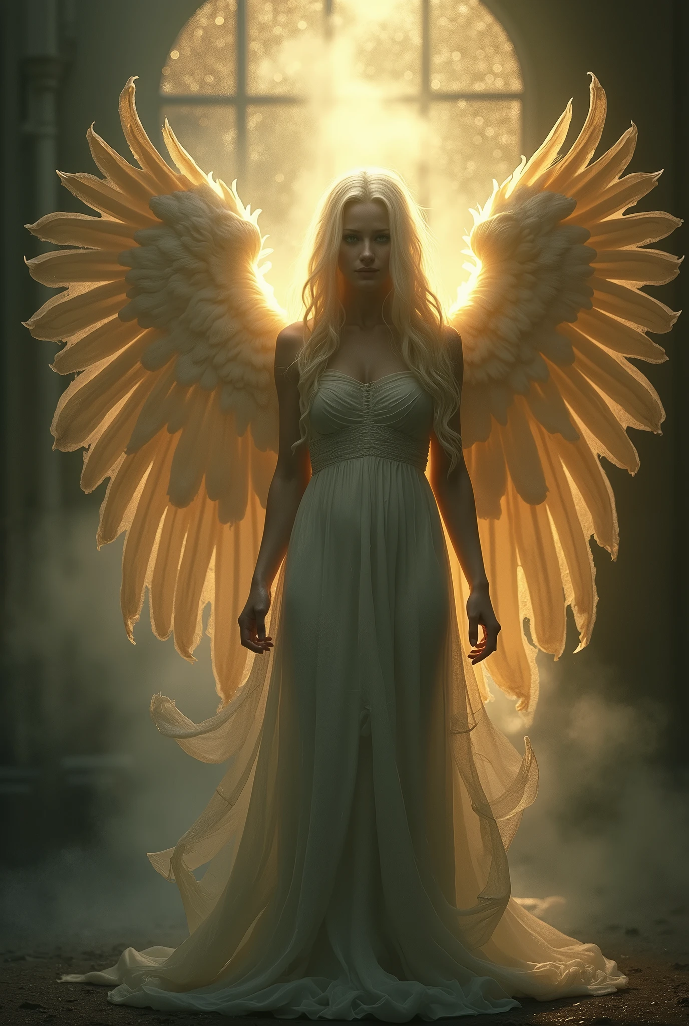 Please create an image of a mysterious and enigmatic angel. This angel should be bathed in an ethereal, radiant light that exudes an aura of celestial mystery and wonder. The angel's pose, setting, and appearance can all contribute to the sense of mystique. Push the boundaries of color, luminosity, and intricate detailing to craft an image that captivates the viewer's imagination and conveys the angel as a divine enigma. Your artistic skills are crucial in bringing this enigmatic angelic vision to life