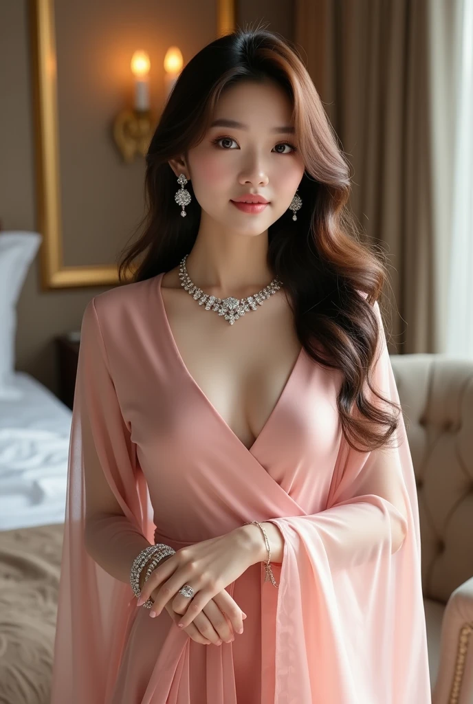 Korean girl nude, wearing a pink cape sleeve, beautiful detailed eyes, Beautiful nose, beautiful lips, lipgloss, lip balm, lip tint, busty, really big hip, really big bust, really long hairs, really smooth hairs, narrow waist, hourglass figure, in a hotel, black belt, diamond nacklace, diamond jewelleries, diamond earrings, diamond bracelets, neck bones, white semi-sweetheart bra, thin girl, all nipples are visible