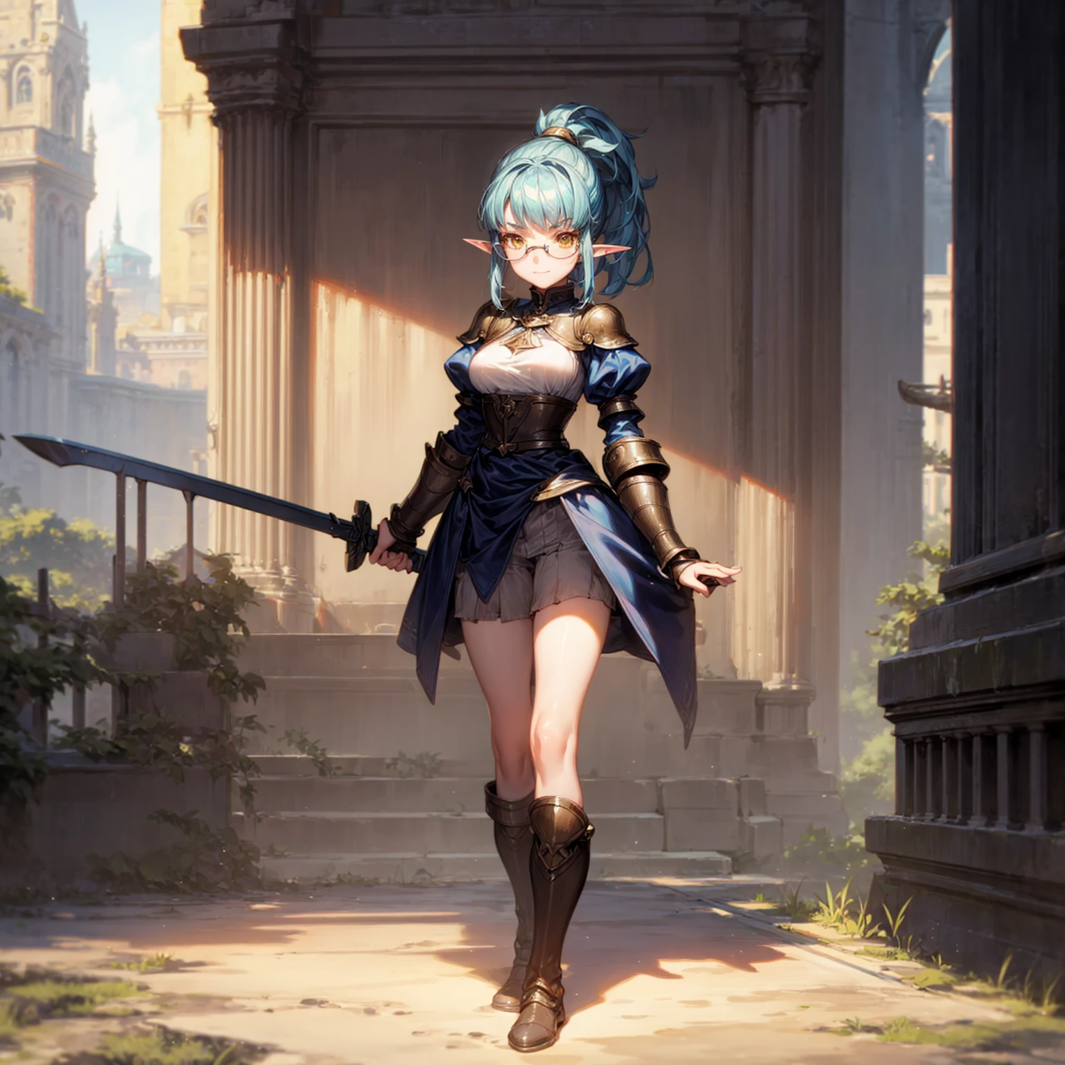 Solo character, full body version, old girl, (elf), glasses, yellow eyes, blue color hair, long Curly haircut, ponytail, black dress Victorian, short dress, boots, outdoor, town, medieval, standing gesture, detailed background, detailed clothing, detailed hair, (Hunter x Hunter style art), sad eyes, smile mouth, sword in hand, big breast, heavy armor,