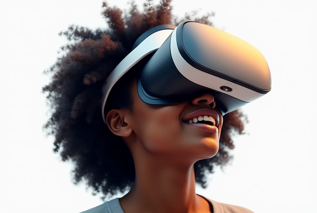(photorealism:1.2), Portrait of African American woman using virtual reality headset, isolated on white background