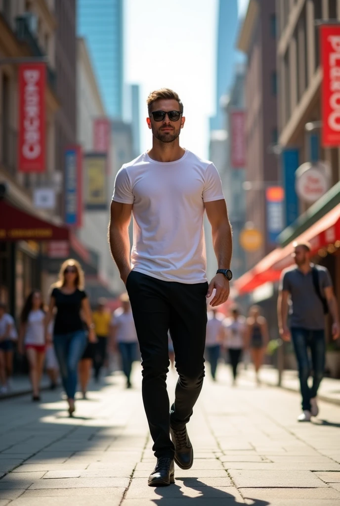 a realistic man wearing a black pants and white t shirt and shoes walking in the street whole body