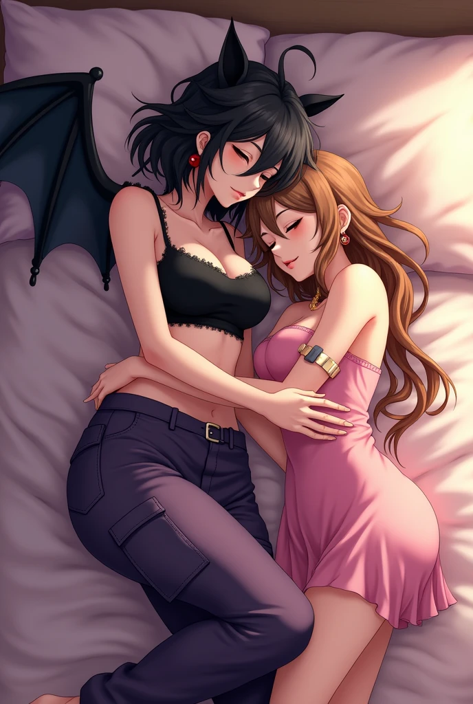 Two anime women, one has bat wings and is tall, she has medium-length wavy, messy hair, boca grande com piercing, black crop top and dark purple cargo pants, her are medium-sized but her butt isge, wearing spiky accessories, the other has long light brown hair, far away, short pink dress with a neckline , their butts and bts are hug low. they are in a bed, sleeping, The shorter one is hugging the taller one's waist, the tallest one is holding the waist of the youngest one and ONE OF HER HANDS IS ON THE CHEST of the shortest one