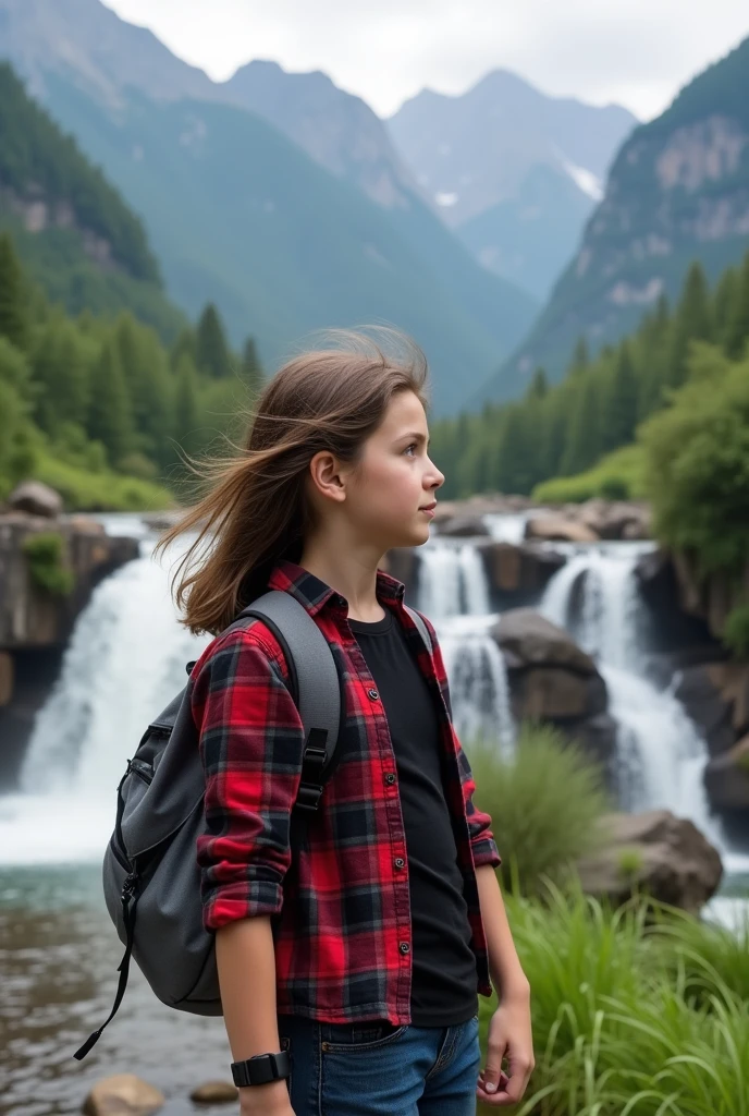 Generate an image of a side view of an girl in a black innerwear and shirt with check strips of red,black and grey on it with a cargo jeans at the bottom. Her hair should be open and brownish in colour with a black smart watch in her left hand and a grey tourist bag on her back on the top of a mountain with a waterfall in the front with greenery around. The view should be wide