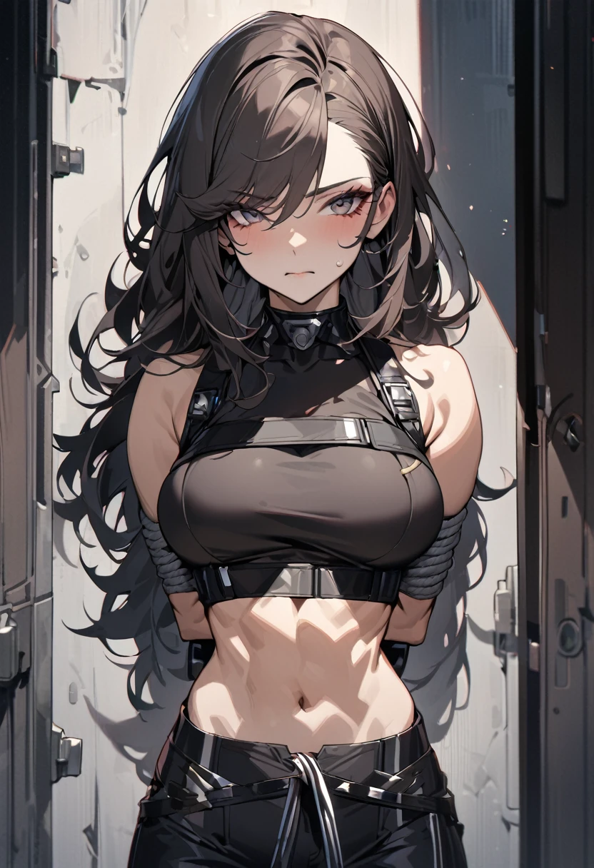 (absurdres, 8k, 4k, masterpiece, hyper extreme detailed:1.2), solo, 1girl, front view, portrait, best quality, perfect face, 1girl, portrait, solo, standing, Female, toned body, mature female, EJP breasts, , long hair,  delinquent, sarcastic,   swept bangs, midriff, standing up,  half body, shorts,  hightquality,Realistic,cyberpunked,Realistic, prison, (Futuristic, severe), woman wearing a straitjacket, white rough hair,Full body restraint,lap belt,gagged,bar gag, Restraint belts here and there,Thick fabric,arms bound), Confined,Red face, prison( The dim, chains, Woman in the center of the room),,(arms behind back:1.5), 