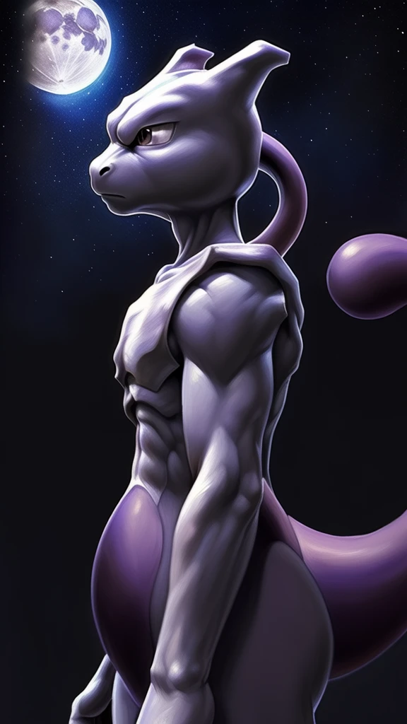 Humanity, male, ((A realistic painting with meticulous attention to detail)), Extremely detailed, ((Mewtwo, Pokemon)), ((Stoic expression:1.3)), Full moon background, Whole-body view, ((Confident pose:1.2, Side view:1.2))