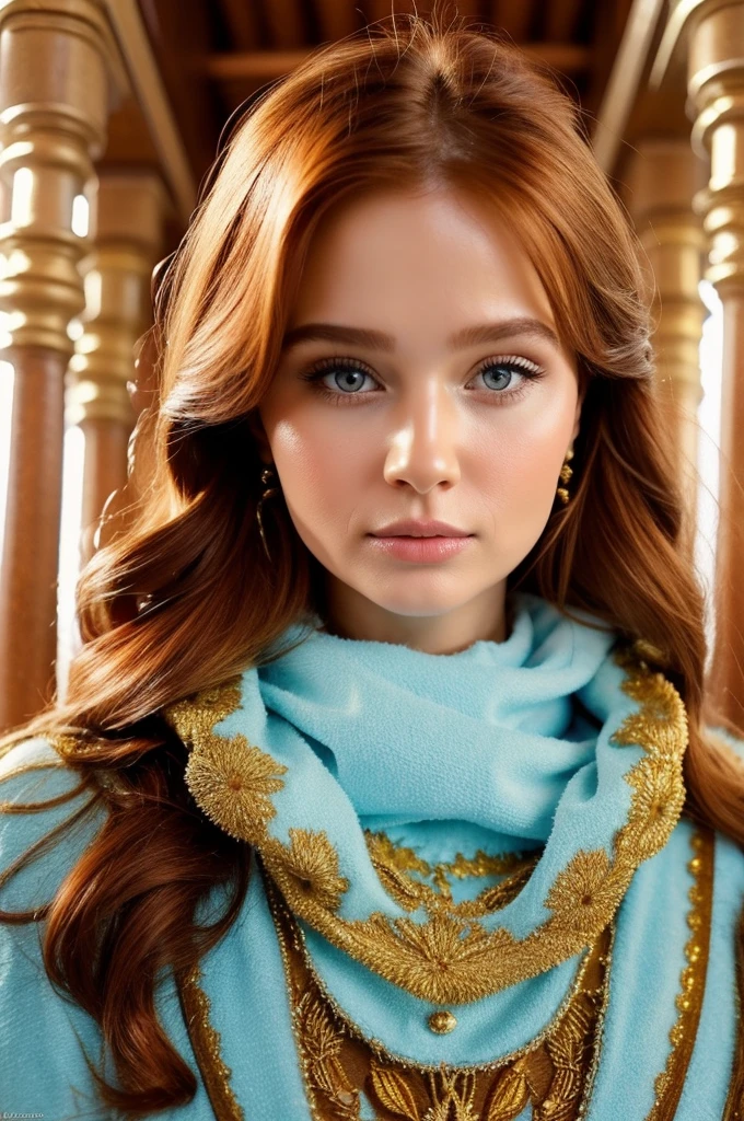 Ginger-haired Russian woman in traditional winter attire, capturing the essence of multiple adjectives such as kind-hearted, warm-hearted, sweet, polite, sensitive, friendly, charming, graceful, stylish, classy, alluring, majestic, ethereal, angelical, long hair framing the face, intricate embroidery on costume, soft glow accentuating gentle facial features, shot in the golden hour light.