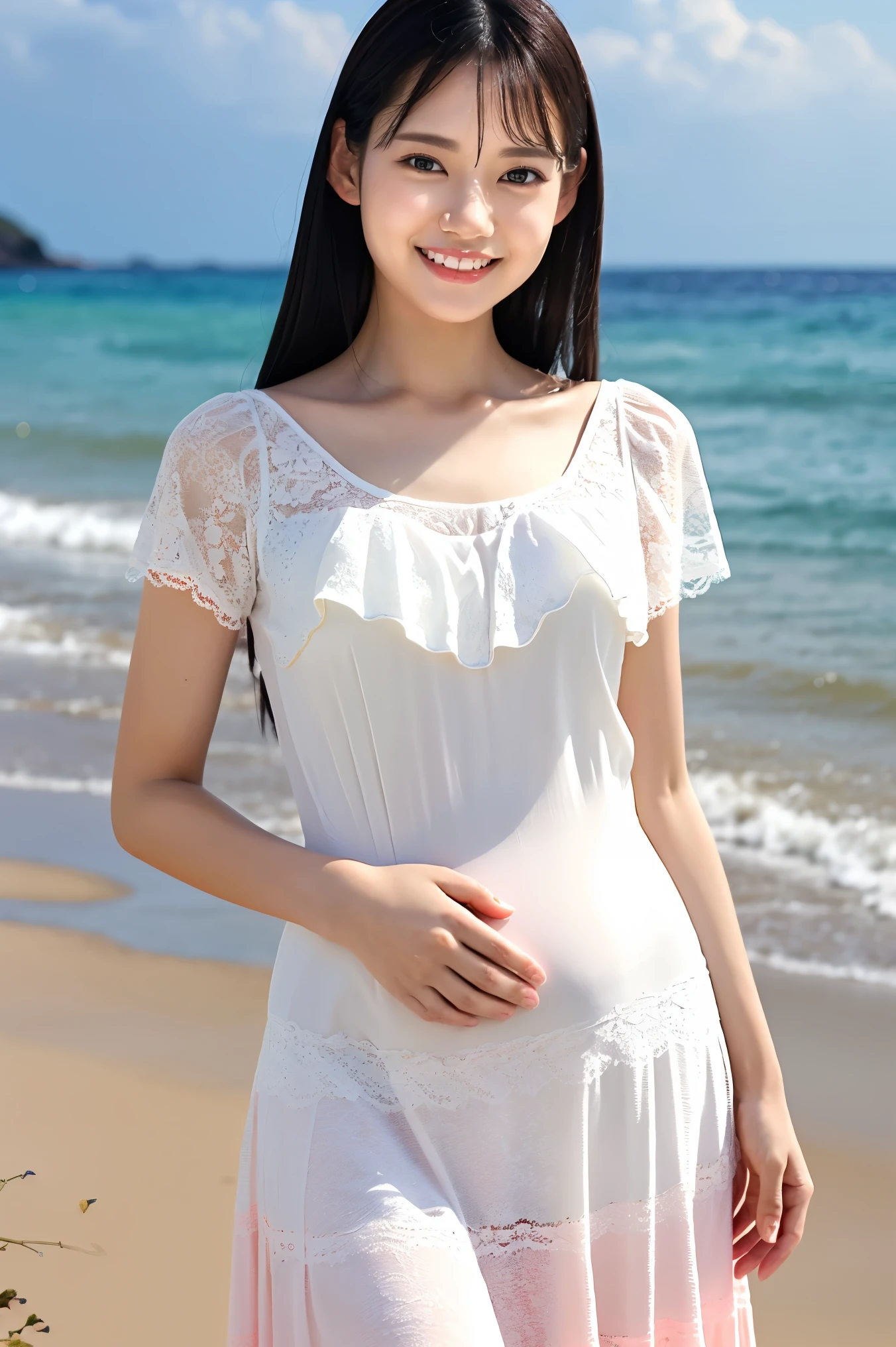 (Highest quality、masterpiece、8k、Best image quality、Hyperrealism、Award-winning works)、1 pregnant woman、(White shirt with elegant lace and frills:1.2)、(Light pink long flare skirt, transparent, Light berry pattern.:1.3)、(The most natural slight pregnancy bump:1.1)、Large Breasts、(Beautiful Hiroshi々とした滑らかな砂浜にStanding Elegantly:1.2)、(Beautiful and mysterious beach background:1.4)、Beautiful surf edge、(Beautiful sunny sky:1.1)、(Beautiful thunderclouds:1.1)、(Standing Elegantly:1.1)、Look at me with your best smile、Accurate anatomy、Perfect Makeup、Long eyelashes、Glossy Lips、Ultra HD glossy skin、(Ultra-high resolution, bright and beautiful skin:1.2)、(very bright and vivid:1.3)、超高精細のGlossy Lips、Ultra-high resolution beautiful teeth、(very bright and vivid:1.1)