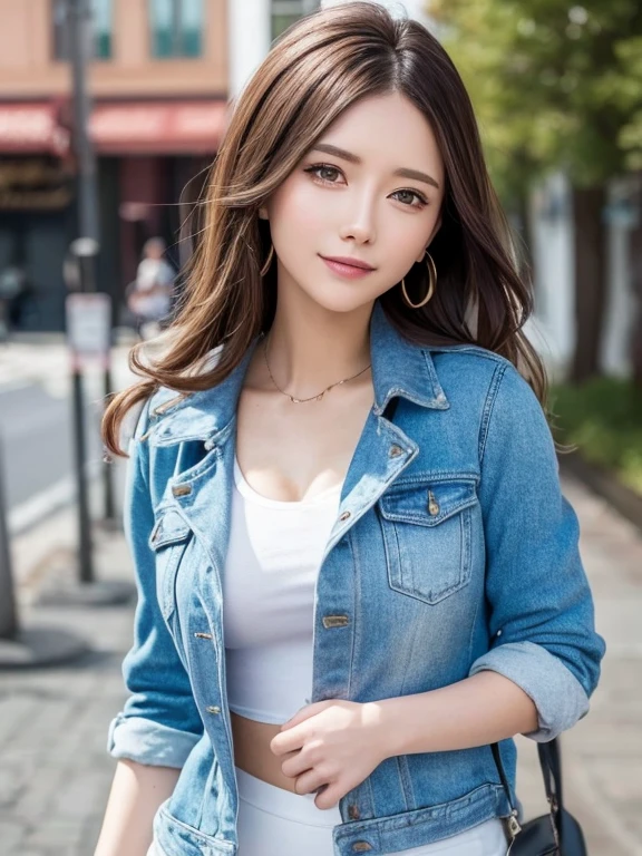 masterpiece, Highest quality, High resolution,alone,Brown Hair, Small earrings,long hair, outside,artistic,An illustration,Line art,Aqua Eye,morning,Best lighting,sun,casual,Large Breasts,Cleavage,watercolor,Beautiful Face,expensive,sexy,Woman wearing a jacket,Mischievous grin,smile,light makeup,nature,office Street