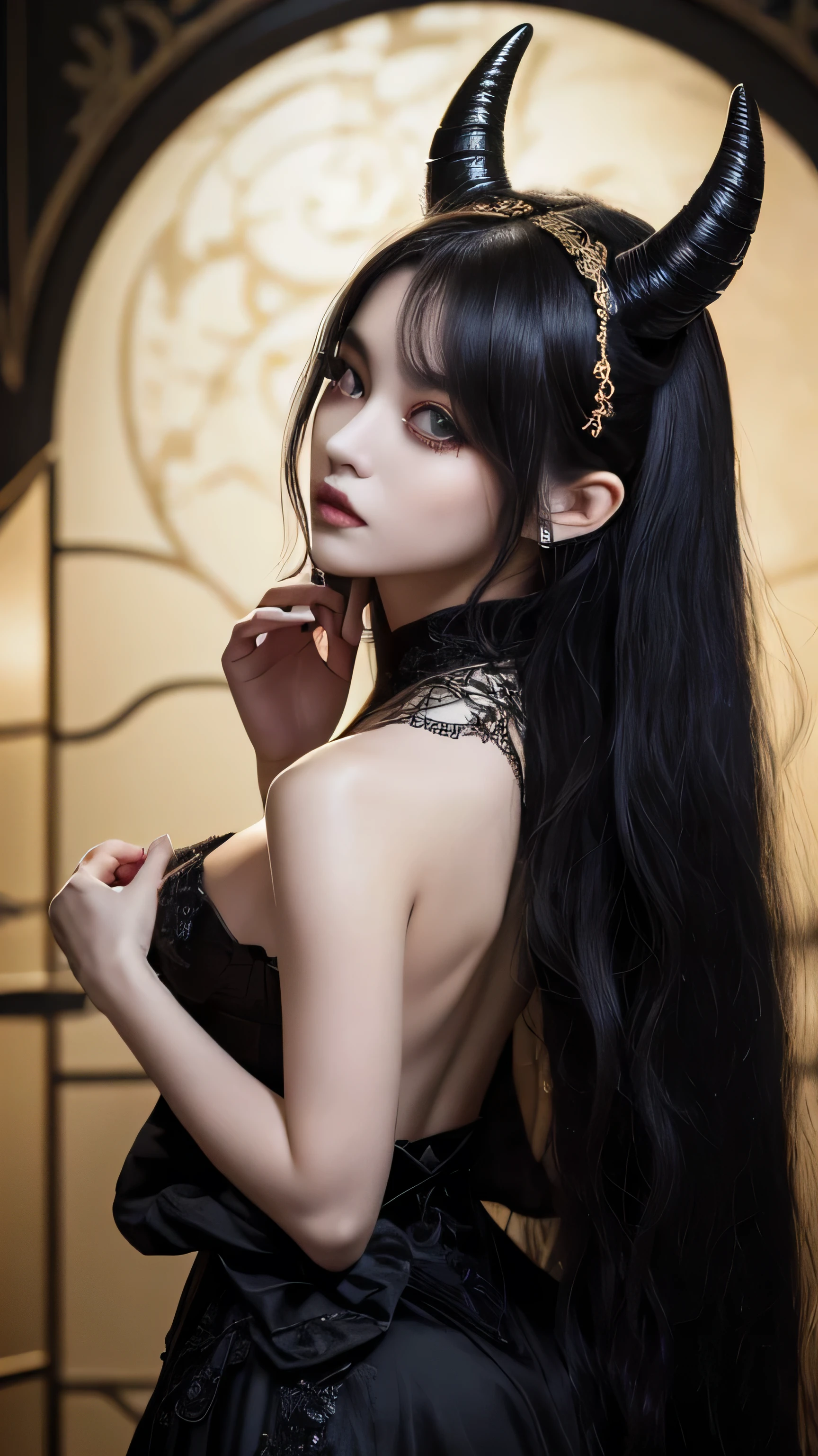 "Depict Belphegor, the demon associated with sloth and luxury, reimagined as the ultimate beautiful girl while retaining her iconic features. She has long, flowing black hair with a deep, silky sheen that cascades down her back, framing her delicate, ethereal face. Her horns, still twisted and menacing, have been refined to look more elegant, curving gracefully from her head and adorned with small, intricate gold and silver accessories that add a touch of regal beauty.
Her eyes, once hollow, now glow with a mysterious, enchanting light, large and captivating, with a mix of seductive allure and ancient wisdom. Her skeletal form is transformed into a slender, graceful figure, with smooth, porcelain-like skin that contrasts strikingly with her dark, gothic attire. She wears a modern, yet gothic-inspired outfit, blending elements of lace, velvet, and leather, with a form-fitting bodice that highlights her delicate frame, and a flowing skirt with layers of dark fabric that move elegantly with her every step.
Her hands, though still slightly skeletal, are adorned with delicate rings and bracelets, adding a touch of elegance to her otherworldly appearance. Her nails are long and sharp, painted in deep, rich colors that add to her gothic charm. Her robe, which once symbolized decay, is now a luxurious, flowing garment that combines traditional elements with modern fashion, featuring intricate embroidery and subtle, shimmering details that catch the light as she moves.
The background is a mystical, dreamlike setting—a twilight garden filled with dark roses, glowing lanterns, and an ancient, enchanted fountain. The atmosphere is serene, yet tinged with an otherworldly beauty, as if the entire scene exists in a delicate balance between the ethereal and the dark.
This portrayal of Belphegor as the ultimate beautiful girl blends her demonic origins with an enchanting, gothic elegance, creating a figure of both irresistible beauty and mysterious allure."