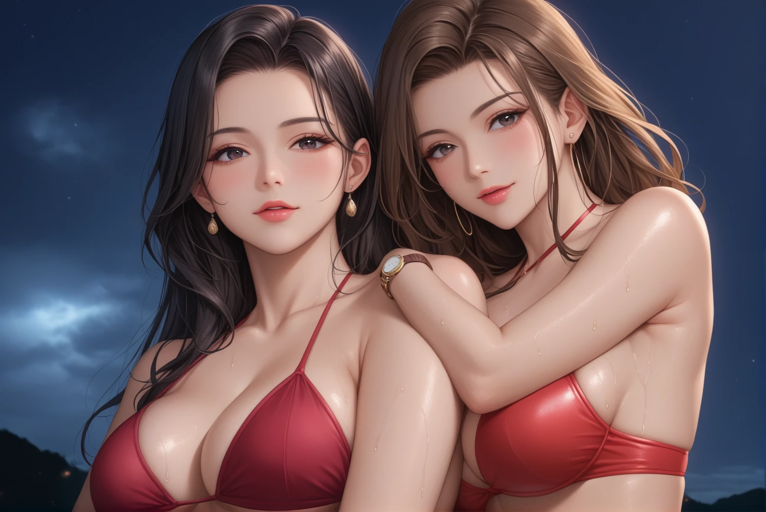 score_9, score_8_Excellent, score_7_Excellent, High-resolution CG illustration,A masterpiece in 32K resolution,Highest quality,It's really amazing,Very detailed,Ultra-high resolution,Ultra-realistic,Realistic,Increased depth of field,Cinema Lighting,
Sexy Mature Japan Woman,(((1people))),(((Are standing))),Shiny black hair,Straight Long Hair,Show your forehead,god々beautiful,超詳細でbeautiful顔,Sensual look,beautiful dark brown, Watery eyes,Black eyes,Shine, Moisturized Skin,Translucent white skin,to be born々New skin texture,Wet body,Great proportions,Elegant red swimsuit,(watch),(Brown belt),Simple design,Chic color coordination with red as the main color,詳細なto be born地の質感,(She is wearing a red bikini.:1.1),Dark and blurry night background,Dark overcast sky on a dull night,Dark clouds covering the sky,Thundercloud,Coastline at night,Stormy Sea,delay々Continuing desolate sandy beaches,The Dimples of Venus,beautiful,Low Angle,whole body