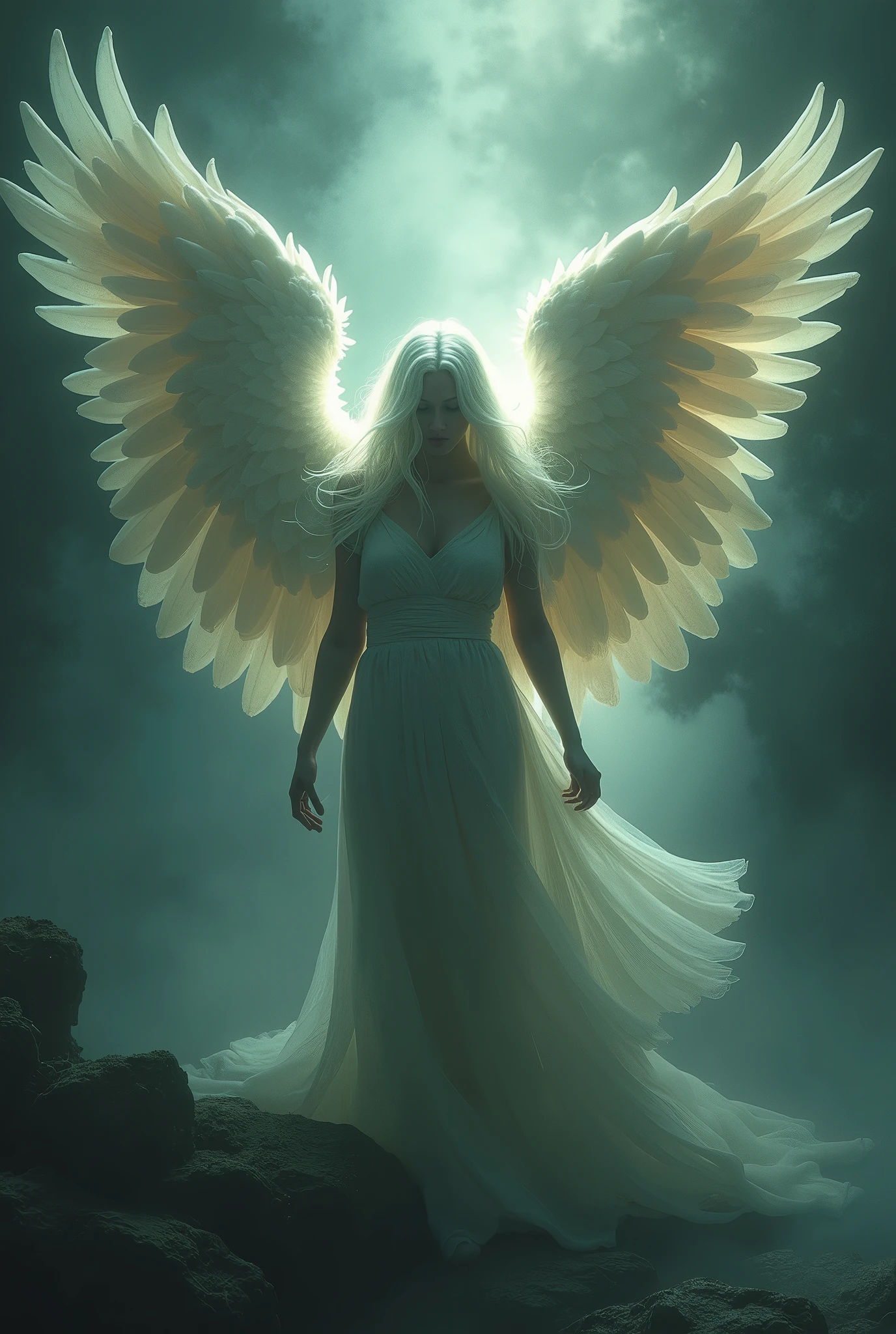 Please create an image of a mysterious and enigmatic angel. This angel should be bathed in an ethereal, radiant light that exudes an aura of celestial mystery and wonder. The angel's pose, setting, and appearance can all contribute to the sense of mystique. Push the boundaries of color, luminosity, and intricate detailing to craft an image that captivates the viewer's imagination and conveys the angel as a divine enigma. Your artistic skills are crucial in bringing this enigmatic angelic vision to life