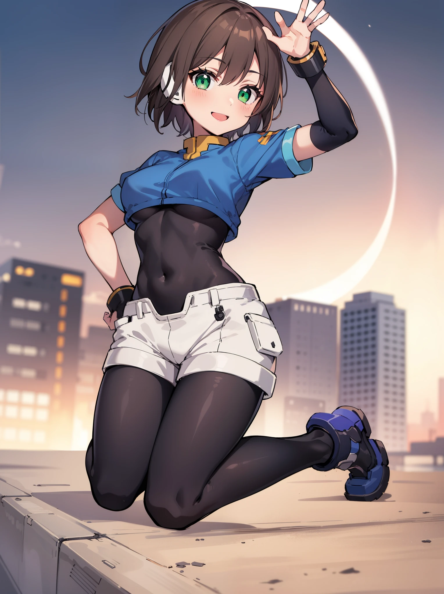 aile_megamanzx, kneeling with one hand on the ground and the other arm raised, 1girl, solo, short hair, brown hair, short sleeves, (bodysuit), robot ears, green eyes, short_shorts, short sleeves, short over long sleeves, smile, in futuristic city, , high quality, medium_breasts,crotch, slouch