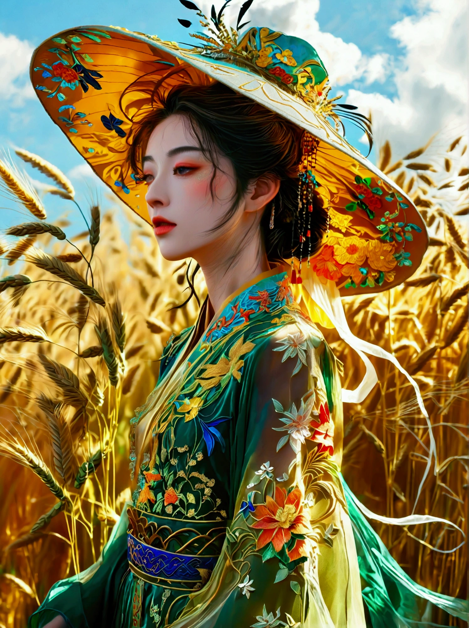 The breath of spring, a blend of green and yellow,A serene woman in an ethereal, translucent gown adorned with delicate golden and teal embroidery, standing in a vast, golden wheat field. The woman has her eyes closed, exuding a calm and peaceful aura. She wears an elegant, wide-brimmed hat made of flowing, sheer fabric that flutters gracefully in the wind, mirroring the patterns of the gown. The sky is a clear blue with wisps of clouds, and the warm sunlight casts a gentle glow over the entire scene, creating a dreamy, almost surreal atmosphere, (8k,Bright colors,Bright,Ultra high saturation,rgb, Colorful),(High contrast:1.5),(whole body:1.8), magazine photography,Popular on social platforms,((Dopamineism)),(((Dopamine color matching))),Dopamine,(in the style of Y2K),Luo Erchun,Three-dimensional ancient style,Oriental poetry and painting