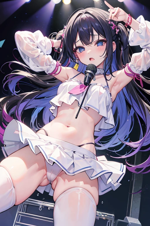 Idol、On Stage、Fingering、touch pussy with hand、Masturbation、Put the microphone to your mouth、Let me hear your moans、White pants、mini skirt、Ahegao、You look feels good、Love juice drips from the pussy、The floor is a little wet、Belly out、Off the shoulder、Bare Shoulder、knit、Belly out、