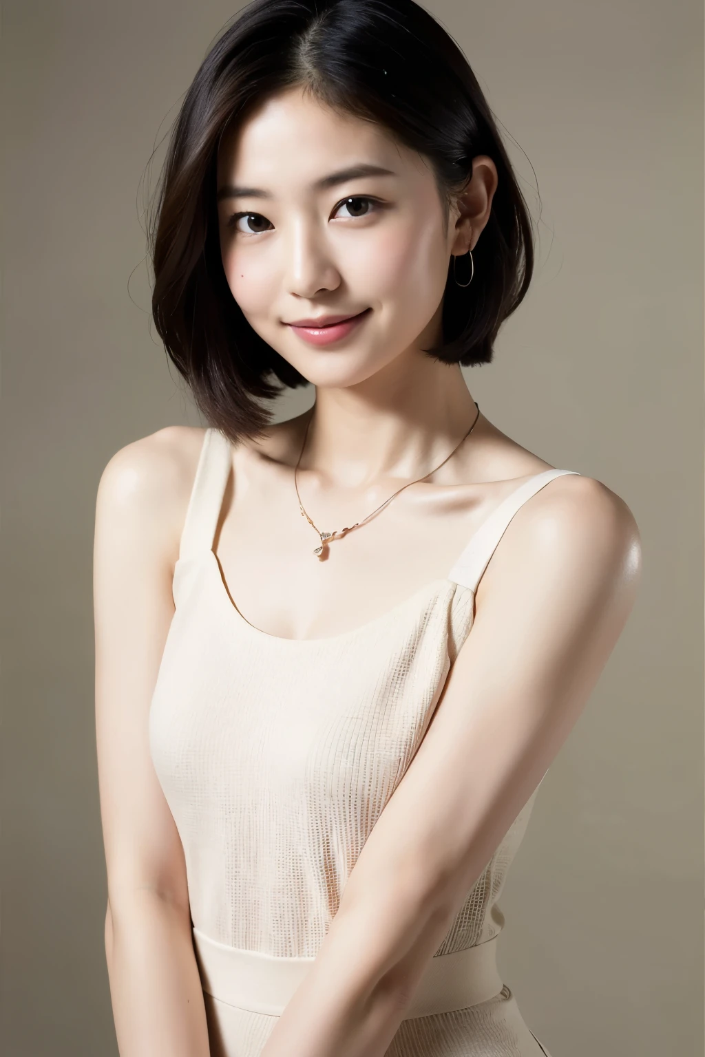 (Highest quality, 8k, 32K, masterpiece, Ultra-high resolution: 1.2), Cute Japanese Women Photos, Very short bob hair, Upper Body, necklace, Simple Background, Look around, smile, Private Server