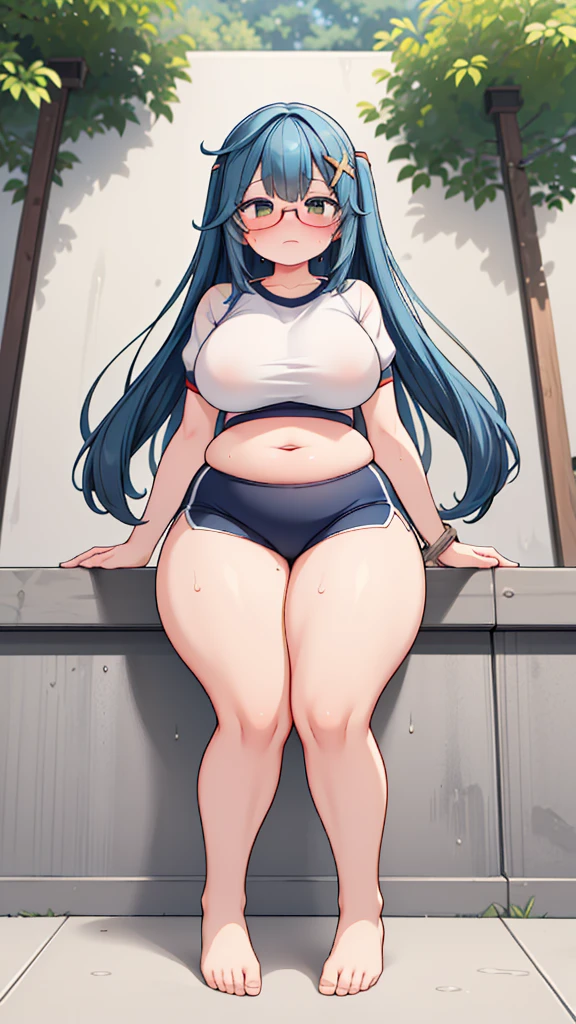 (Full body, very high quality, highly detailed)), (fat belly, big belly, enourmous belly, jiggly belly), belly bursting out of clothes, glasses, long hair, ((((wide hips, thick thighs)))), gym clothes, thight shorts, barefoot, sitting, (tsundere), ((sweating)), ((tired)), (exhausted)