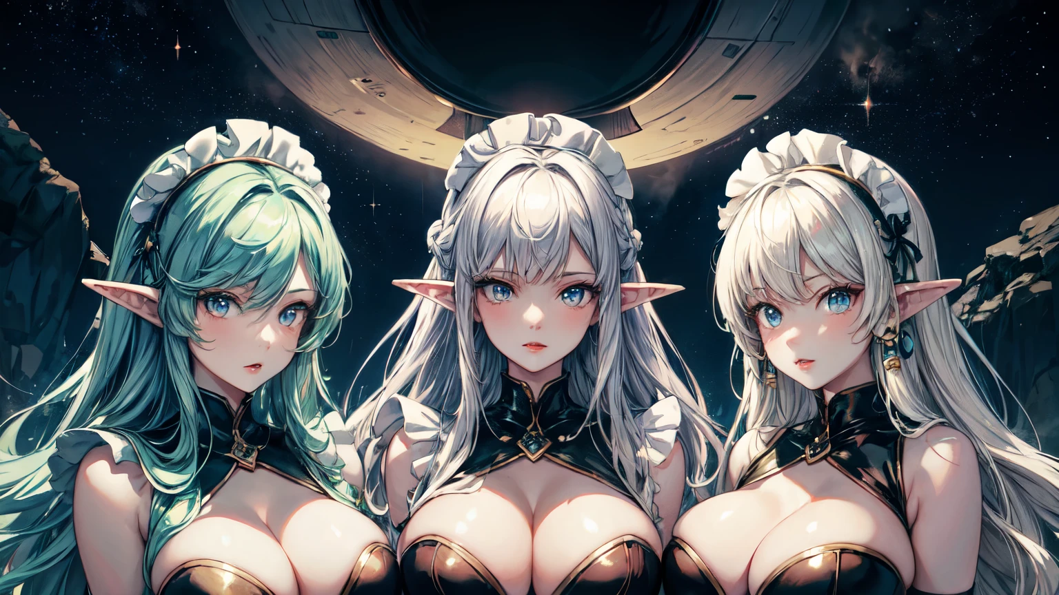 Masterpiece, 4girls, each dressed as a maid. The maids are wearing identical uniforms, beauty and cute, high detailed, dinamic lighting, vivid colours, , massive cleavage ex giant spacecraft navigating interstellar space, Sophisticated design, huge geometric figures stacked in layers,standing, white skin, blue eyeballs, blonde hair, happys, various hair styles, harem, perfect eye, perfect face, Symmetrical eyes, well-aligned, with a natural and proportionate gaze, Observing their master with a servile gaze, elfs, In the background are spaceships, red lips