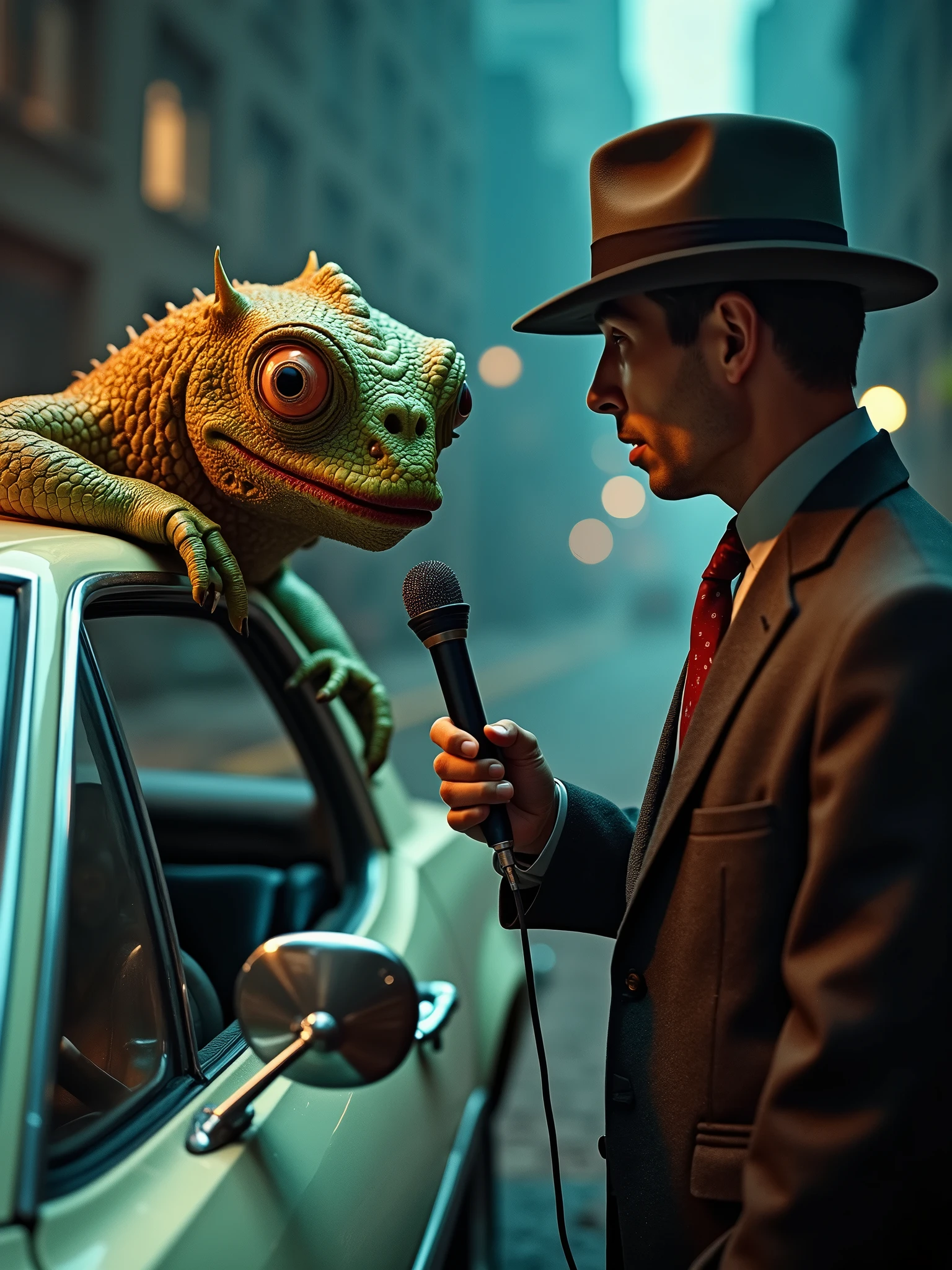 A cinematic still of a three-eyed monster conversing with a journalist through the window of a 1970s classic car. The monster, adorned with intricate details, has a menacing yet curious expression. The journalist, wearing a classic suit and fedora, holds a microphone to capture the monster's words. The background is a blurred, dimly lit cityscape, giving the scene an eerie yet captivating atmosphere., cinematic