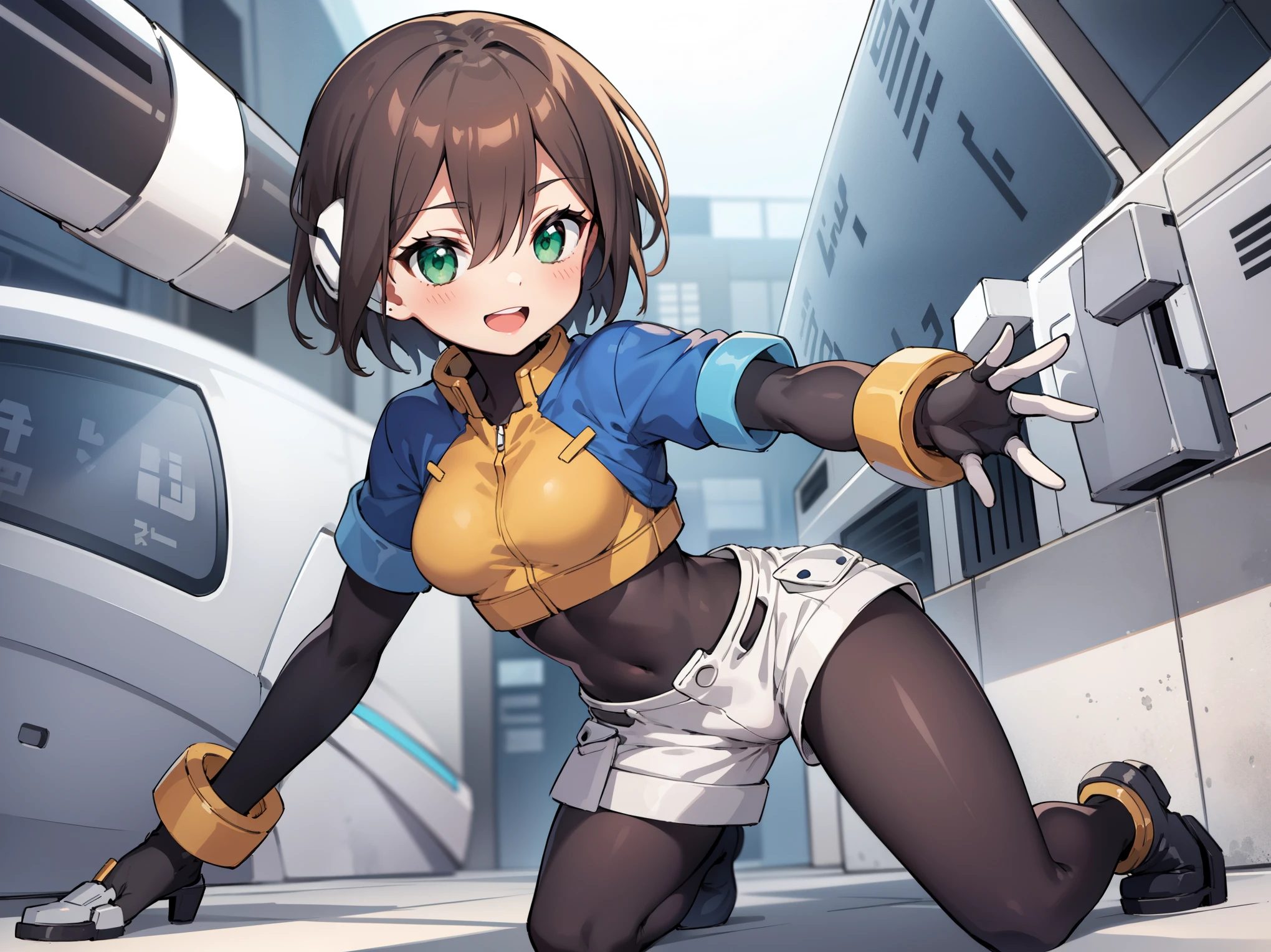 aile_megamanzx, kneeling with one hand on the ground and the other arm raised, 1girl, solo, short hair, brown hair, short sleeves, (bodysuit), robot ears, green eyes, short_shorts, short sleeves, short over long sleeves, smile, in futuristic city, , high quality, medium_breasts,crotch, slouch