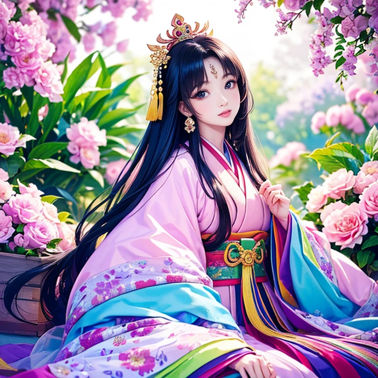 ( High resolution、 Super detailed、masterpiece、Highest quality、8k)、Heian period in Japan、(NHK Taiga Drama、To the Shining One)、Fujiwara Akiko、palace、The Empress of the Palace、Young beautiful woman、Beautiful Face、Beautiful Face、Pretty lips、(12 single coats、Light pink、Light purple、yellow、green、blue、red、White color、Colorful overlapping)、(Full Body Shot)、Long black hair、Jewel Ornament、background、garden、Colorful flowers、Vibrant colors、Detailed Anime、Detailed CG、